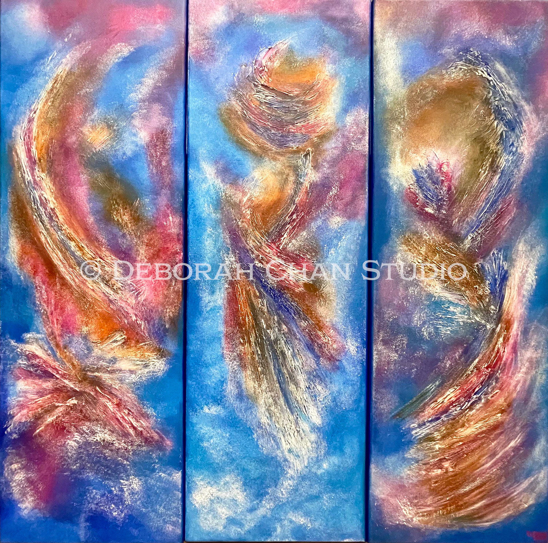 Flow: Katharos, Dunamis, Exousia, 2024 Acrylic on Canvas, 12" x 36" per canvas panel, S$3,800.00 (Price includes Frame)