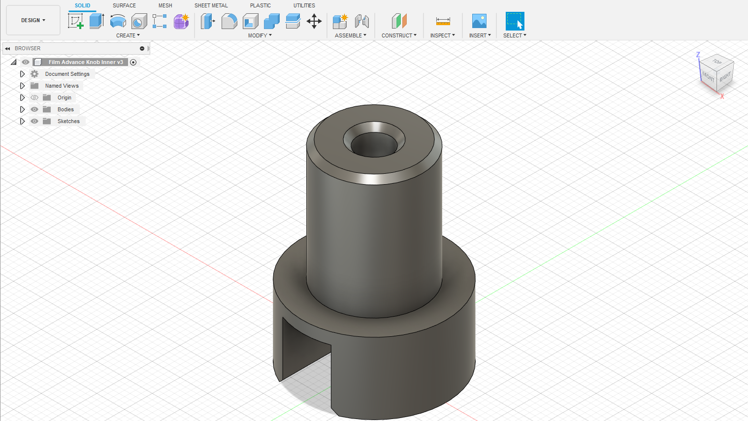 Interior column designed to engage with film advance knob.