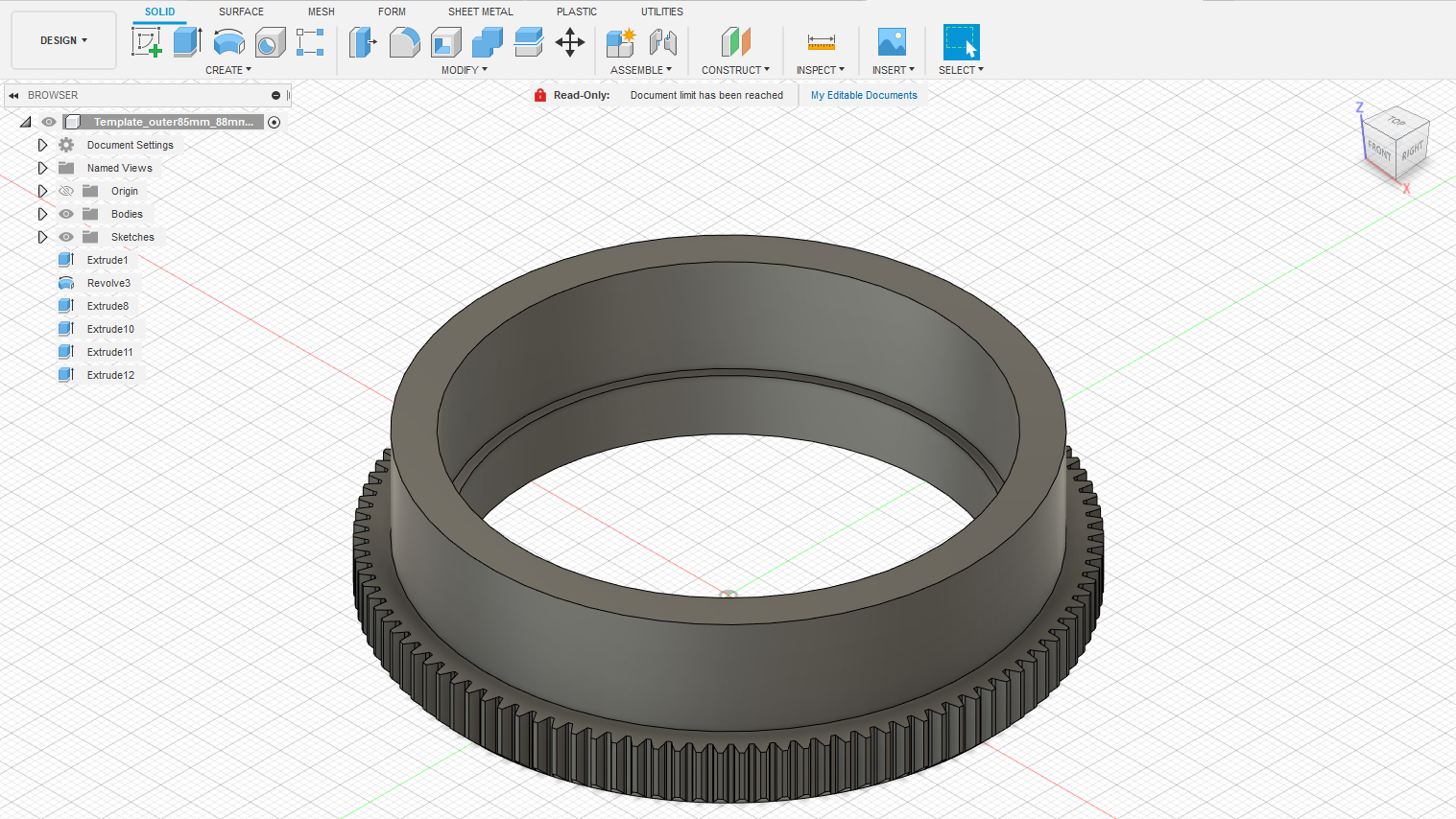 85mm 0.8 pitch gear with 66.3 interior extrusion. Designed to be mounted onto the Super-Fish-Eye-Takumar 17mm lens.