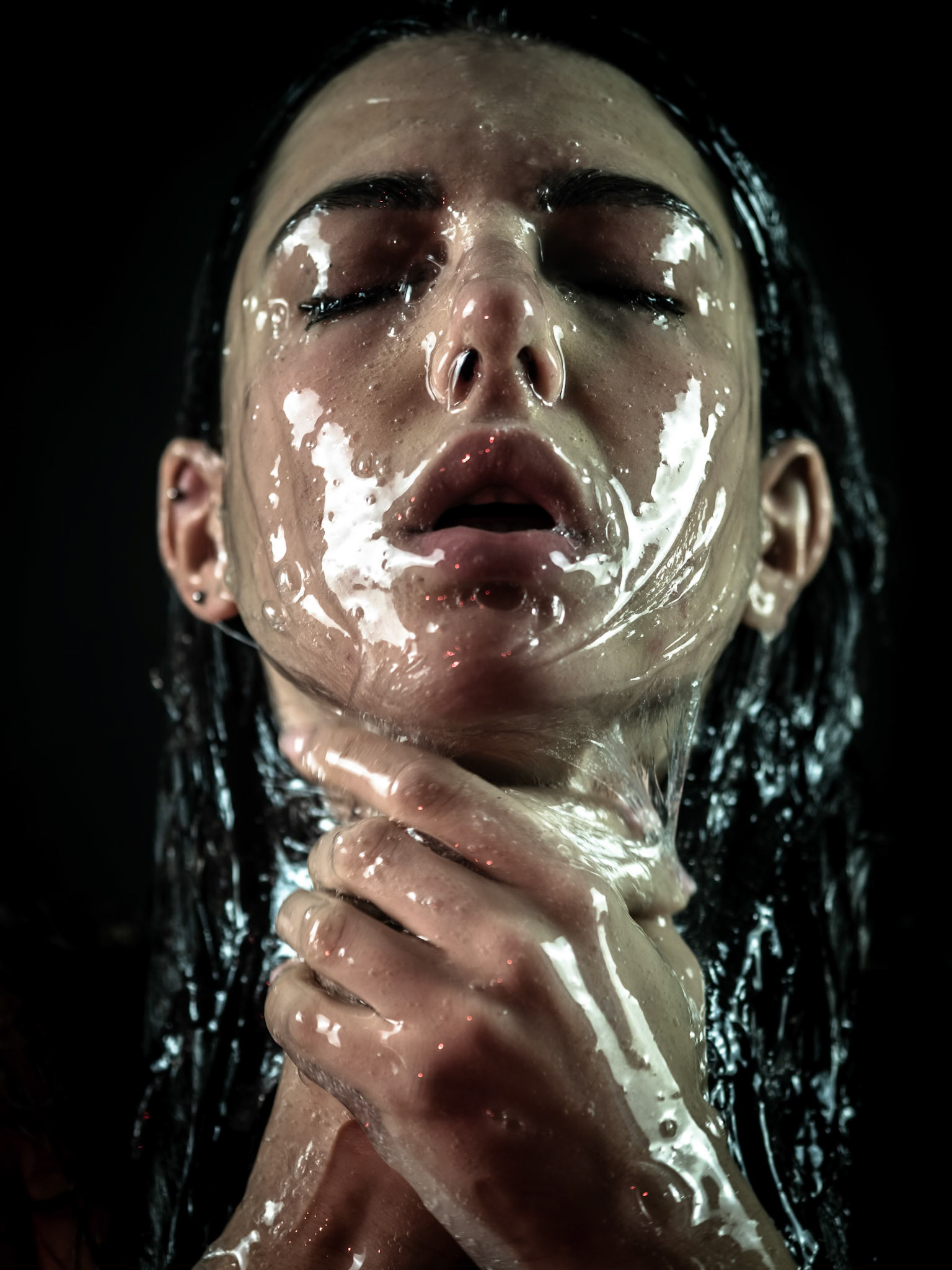 The liberation phase began with the question, "How does it feel to let go?" The model, now comfortable with the slime, allowed it to flow freely over her skin. The expression of pleasure and relief was spontaneous, embodying the joy of no longer fighting inner demons.