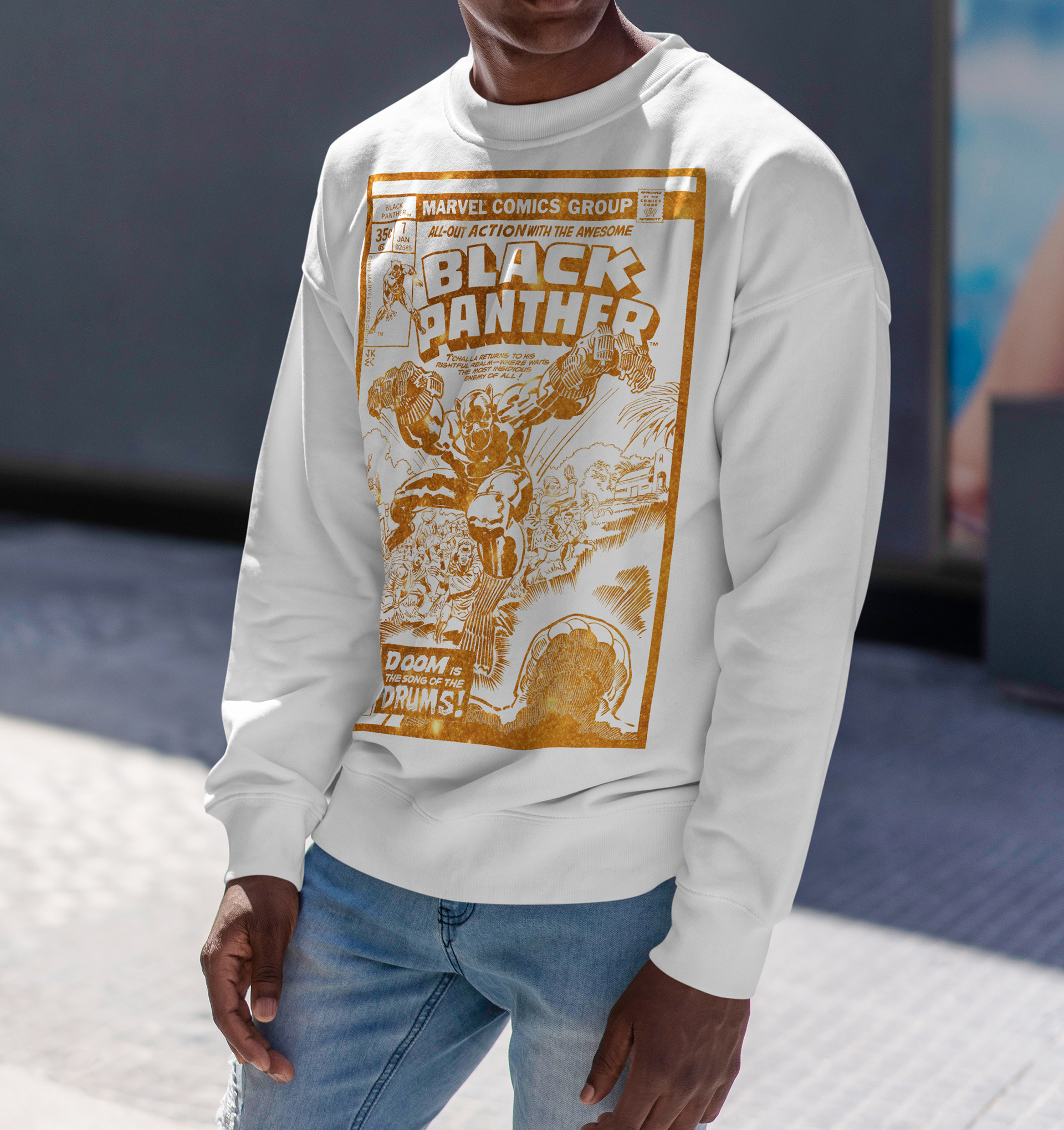 A comic book inspired shirt design created for personal use, using a vintage Black Panther cover. The artwork was reworked into a wearable layout to coincide with the Black Panther movie debut.