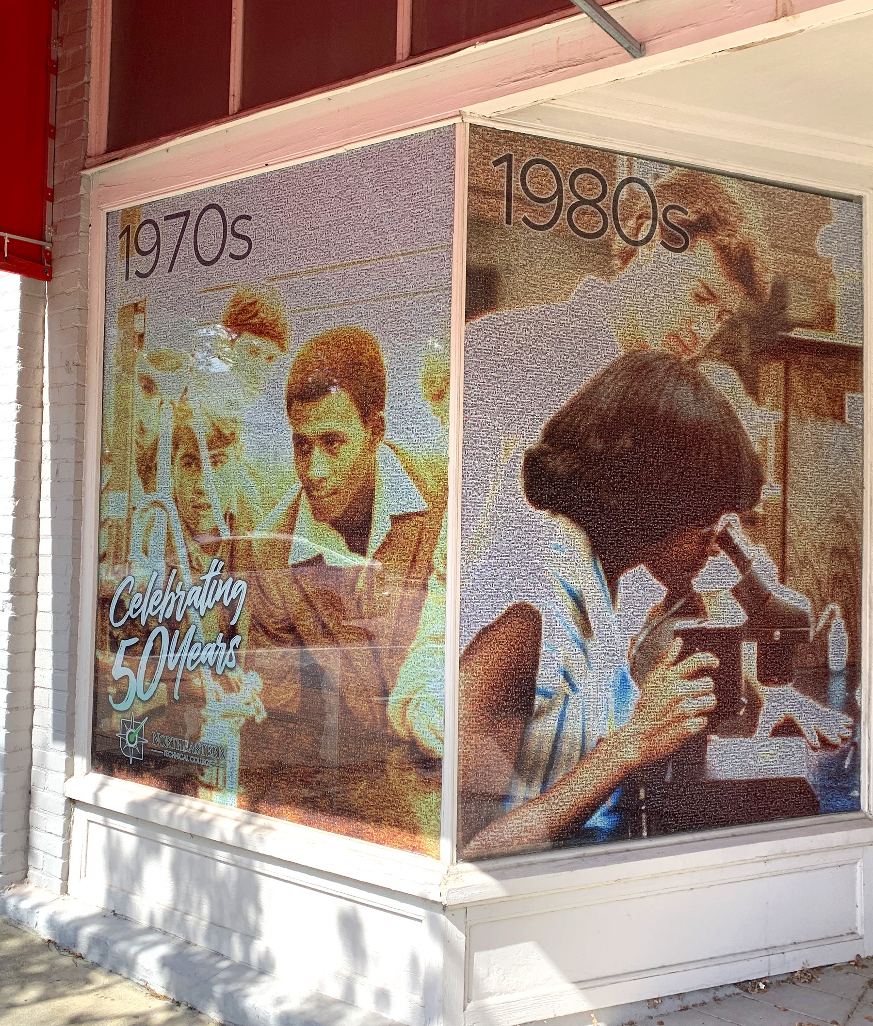 NETC 50th Anniversary - This large-scale storefront installation brought Northeastern Technical College’s history into the community through a decade-by-decade visual timeline. Each window panel is part of a massive photo mosaic built from nearly 9,000 images spanning NETC’s history, arranged across 160,000 placeholders. Prominently featured in the foreground is the phrase “A Part of Everyone,” representing NETC’s deep connection to the local community. I was given the time and creative freedom to design and carefully collect, review, and curate thousands of photos across multiple decades, allowing the final piece to authentically reflect the people and moments that shaped the college.   This project earned a 2020 NCMPR Medallion Award for Northeastern Technical College.