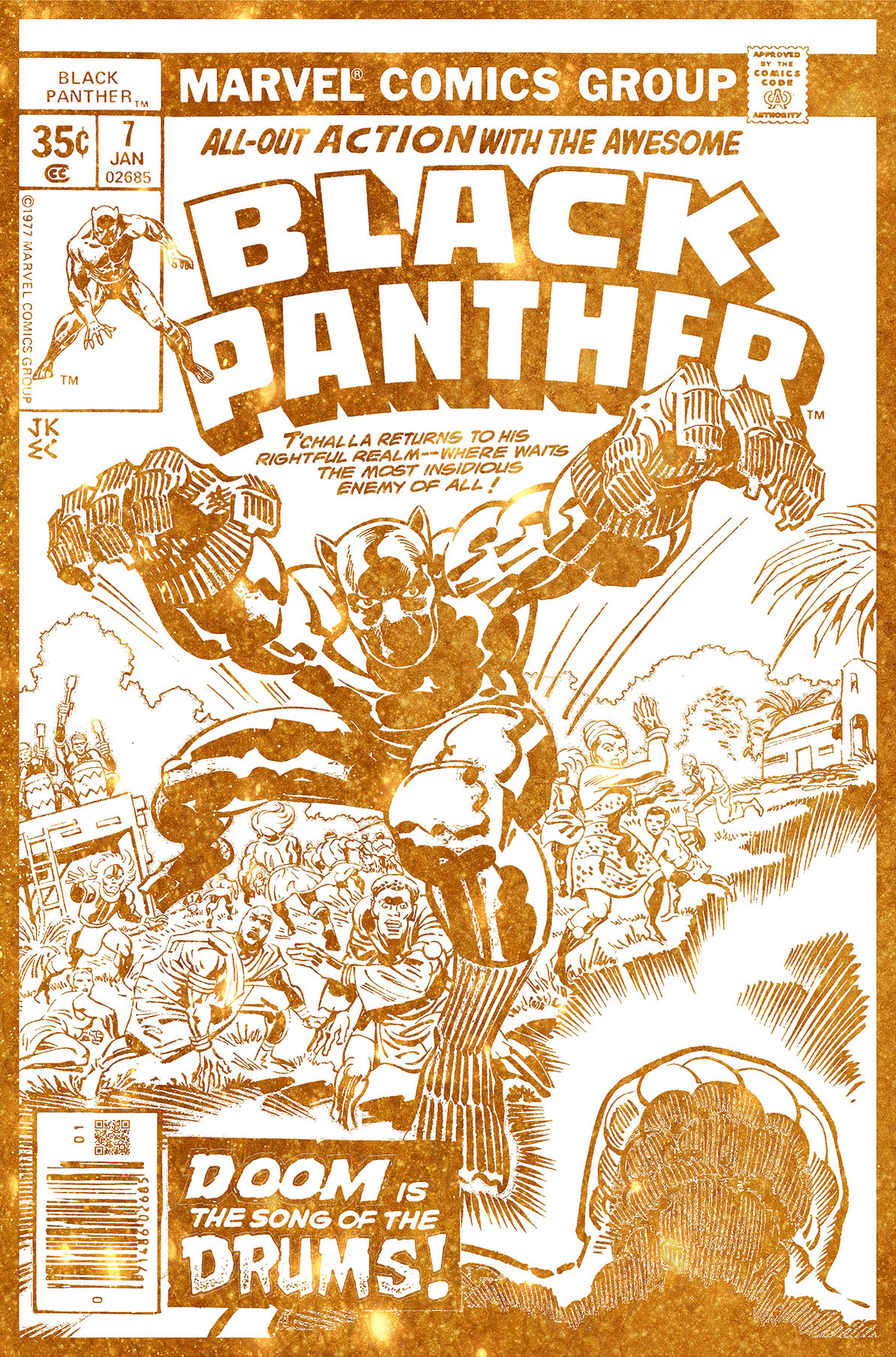 A comic book inspired shirt design created for personal use, using a vintage Black Panther cover. The artwork was reworked into a wearable layout to coincide with the Black Panther movie debut.