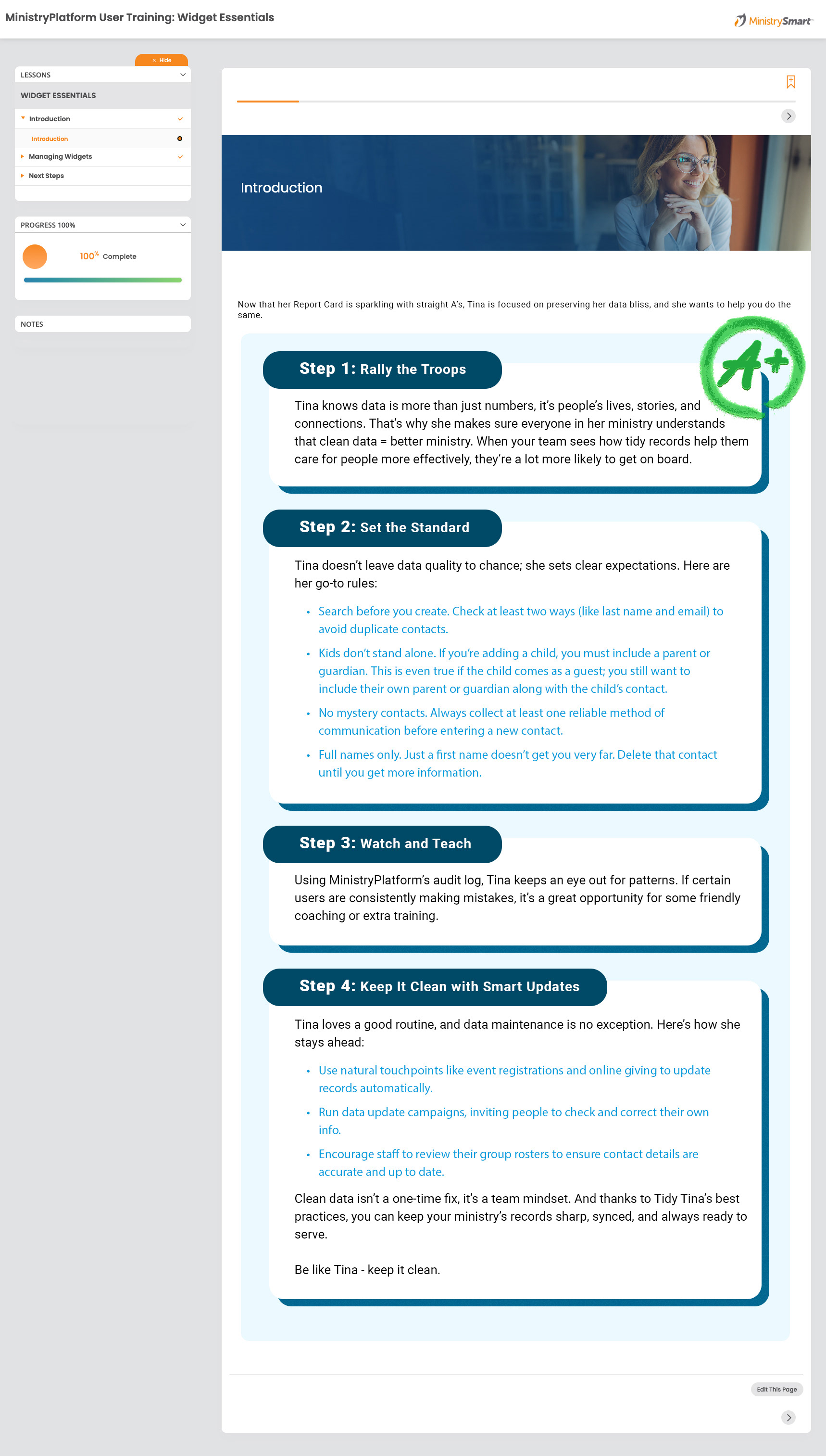 This full-page eLearning course mockup was designed to present complex data-management concepts in a clear, approachable way. The layout uses structured steps, visual hierarchy, and friendly storytelling to guide learners through best practices without overwhelming them. I collaborated closely with writers and developers to ensure the design supported both instructional clarity and smooth implementation within the final online course.