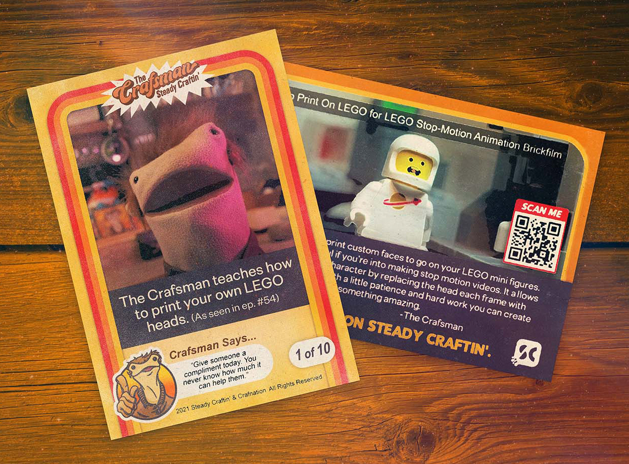 Trading card concept samples for YouTuber @TheCrafsMan, featuring popular video moments and scannable QR codes linking to the original content.