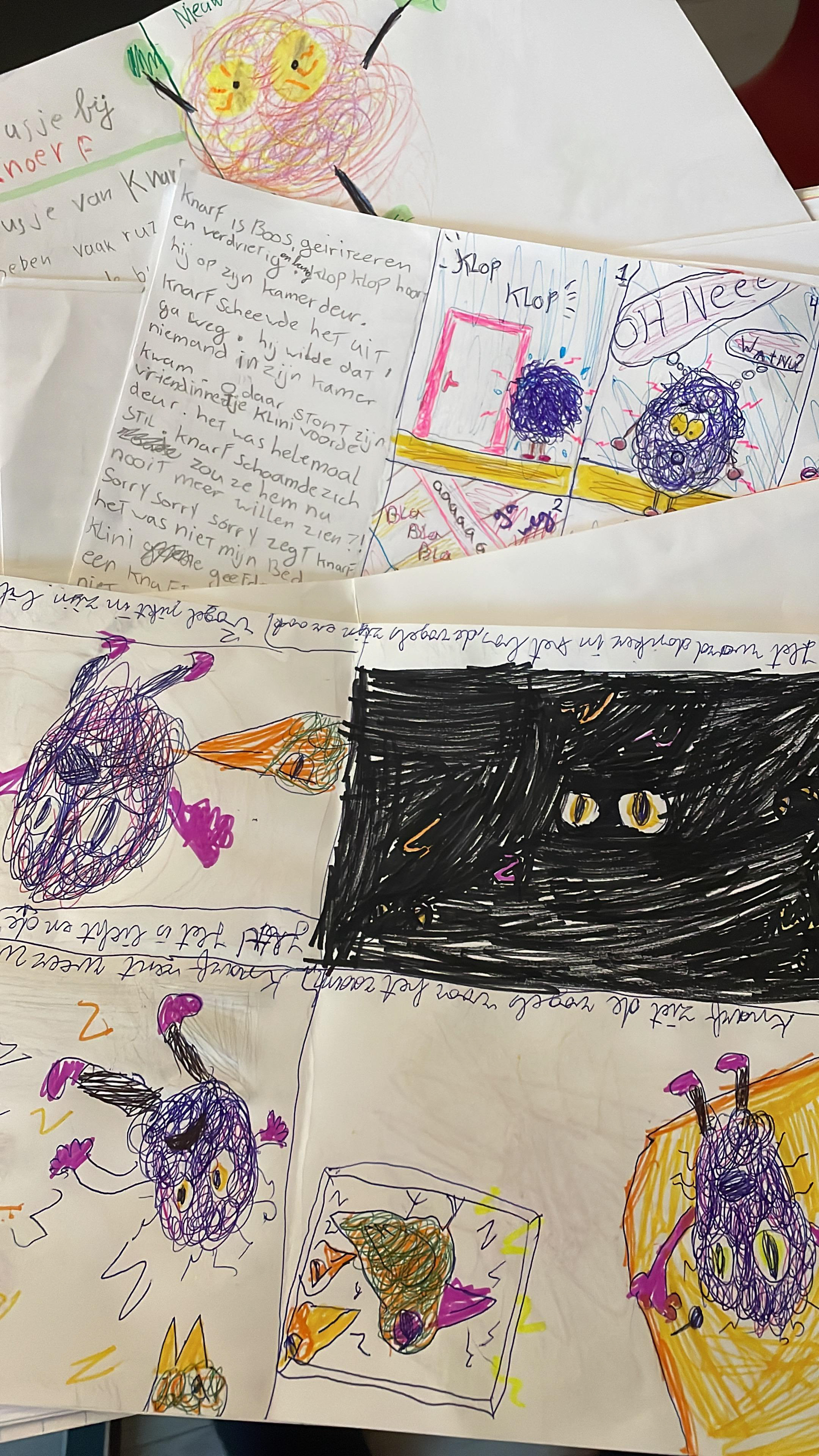 Tekeningen en schrijfsels van kinderen die meededen aan de lesbrief try-outs Pagina uit 'Zo de Knetter!' van Erik van Tuijn en Annemieke Missler. Copyright: Erik van Tuijn 2026, AI Use prohibited
