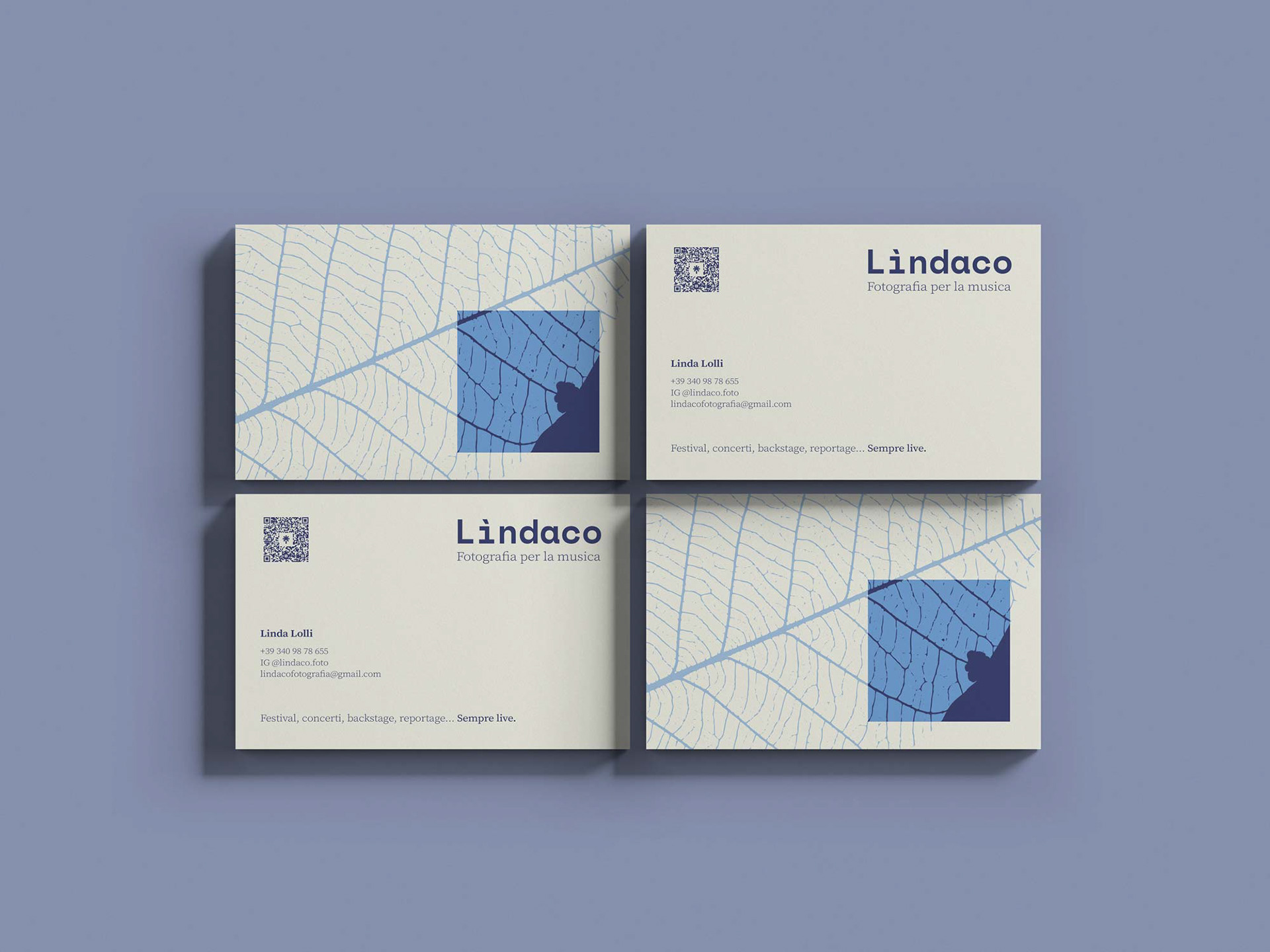 Biglietto da visita progettato per Lindaco Fotografia, esempio di graphic design tipografico e identità visiva essenziale.