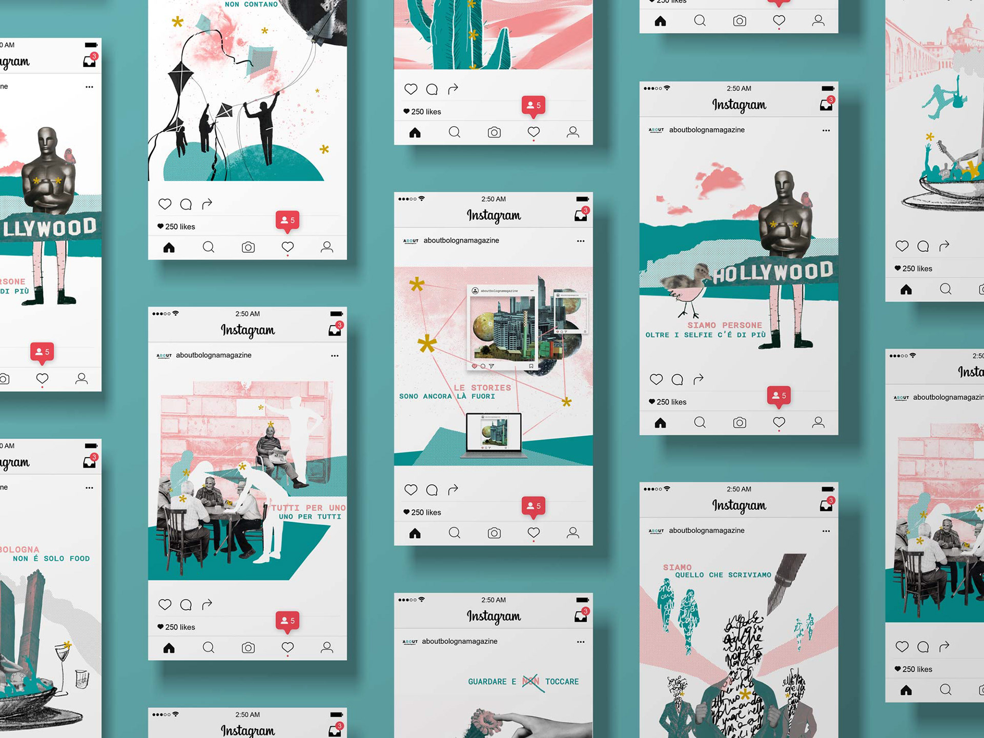 Mockup di post Instagram che mostra una selezione delle illustrazioni in collage digitale realizzate per About Bologna, serie editoriale dedicata ai valori fondanti del magazine culturale.