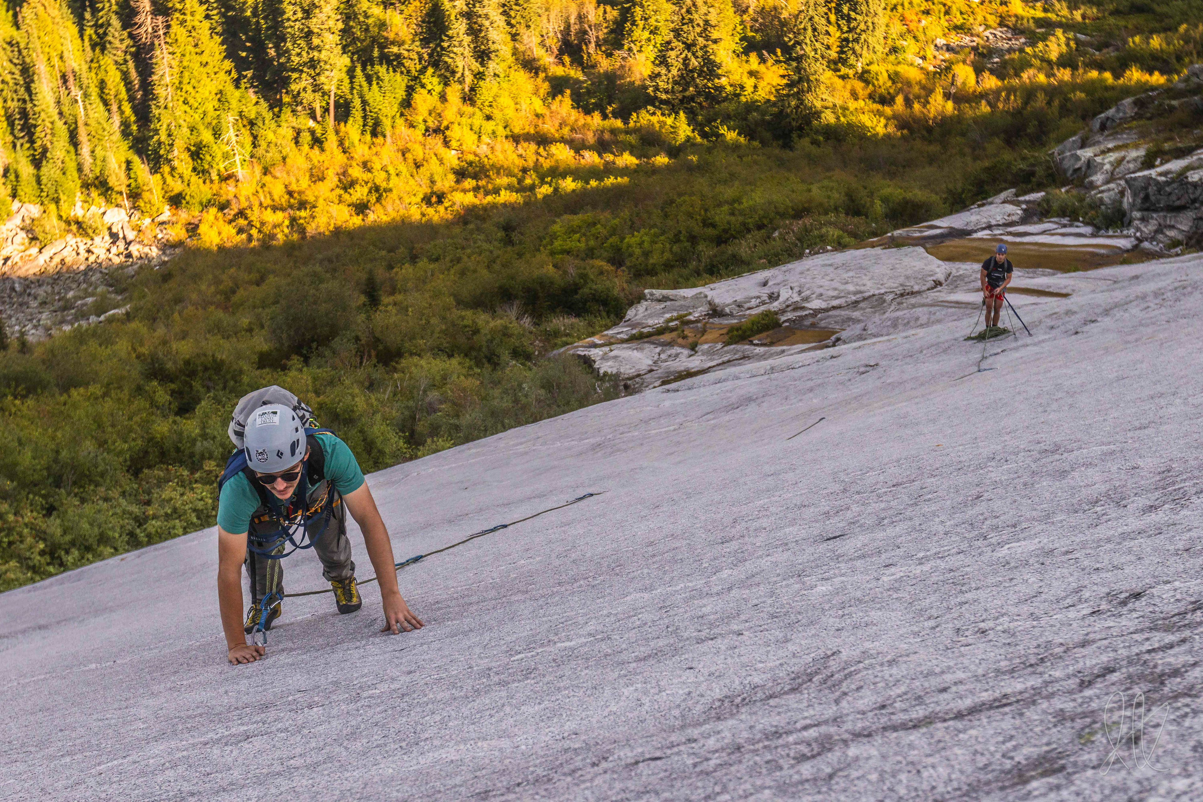 Peter Voller makes his way up a pitch of "The Brotherhood," a multipitch slab climb near Priest Lake, Idaho