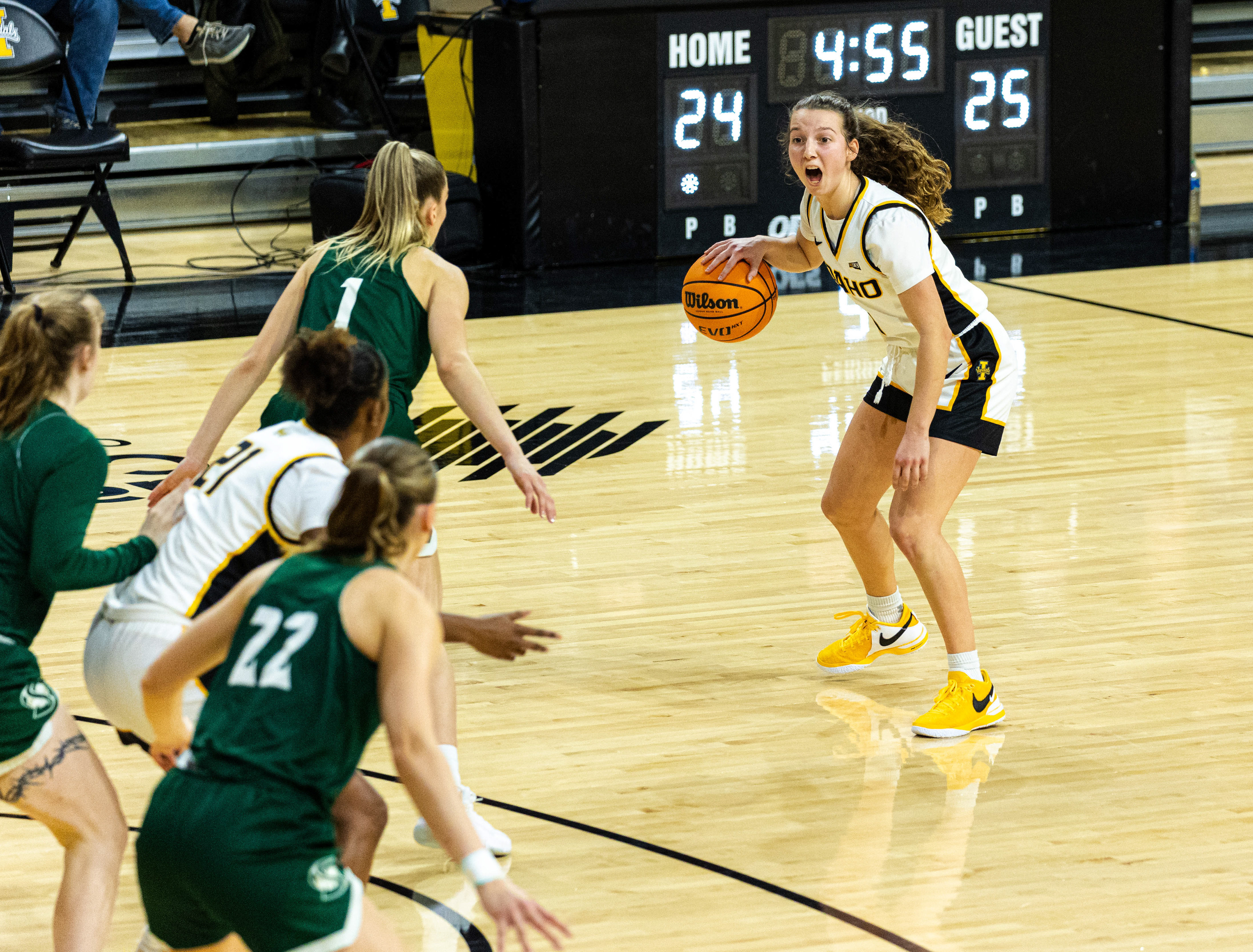 Idaho guard Sarah Schmitt calls a play during a game against Sacramento State on Feb. 5, 2024. (Argonaut/John Keegan)