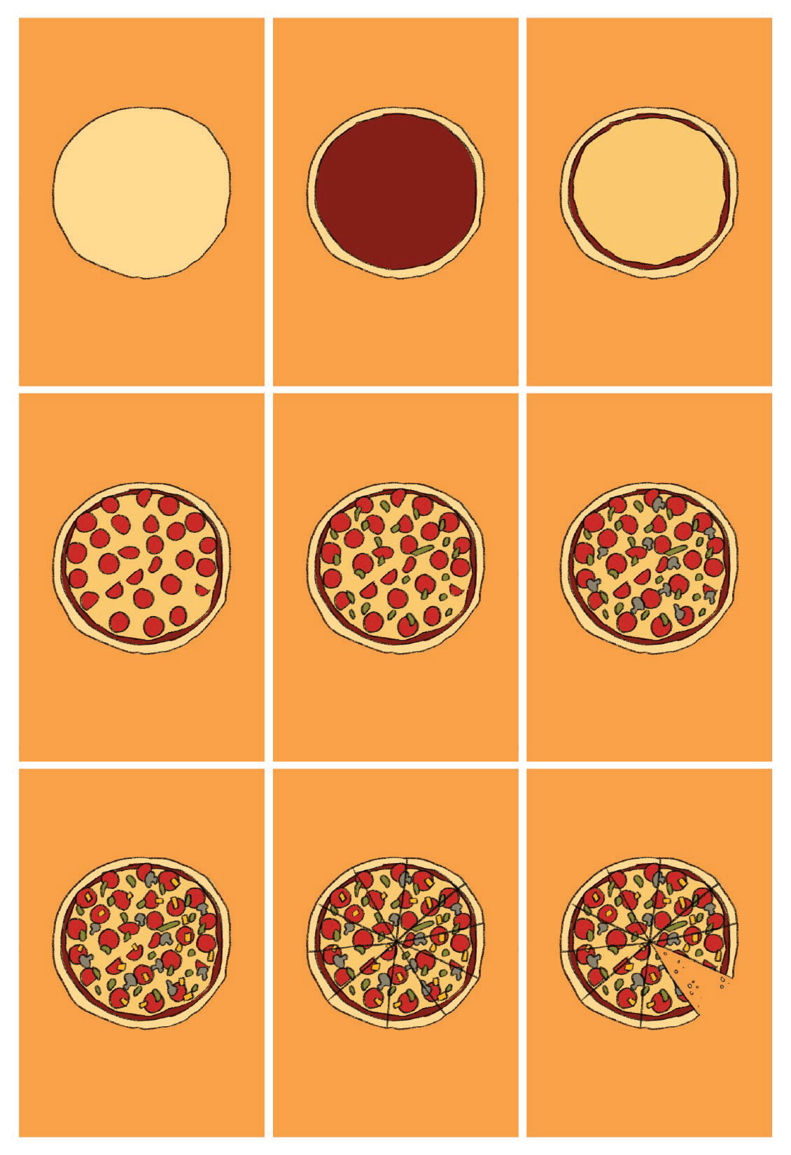 Pizza making steps illustration created with Procreate