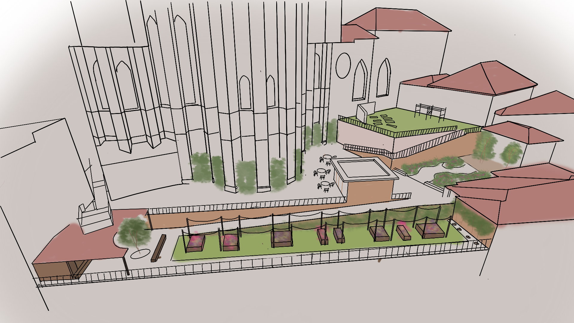 Proposal for the space: Including community allotments, local cafe , community gym space and a garden oasis. To welcome both tourists and locals to the space