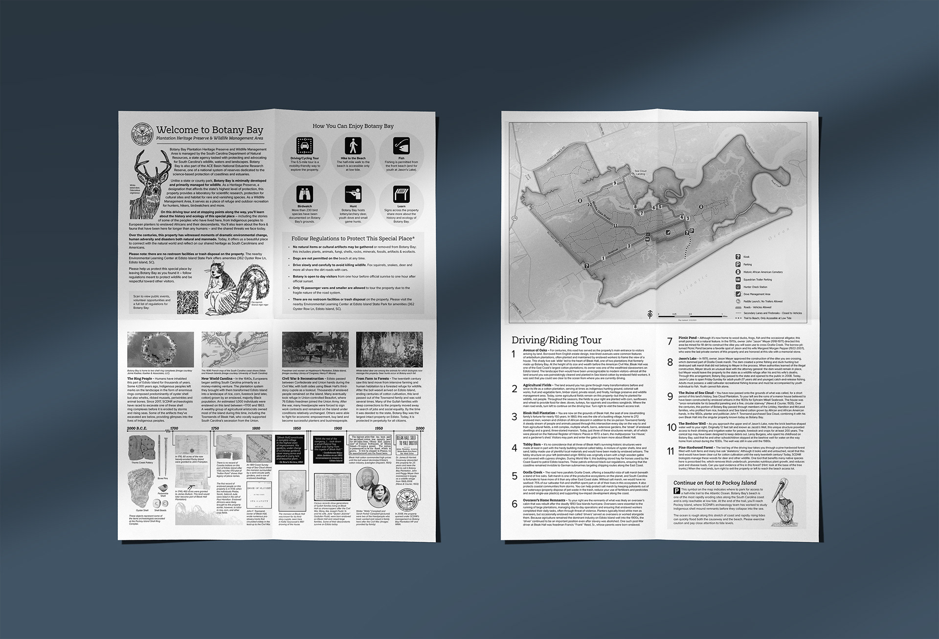 A Detailed folding handout for visitors of Botany Bay showing a timeline of property history, a map, rules, and a driving tour