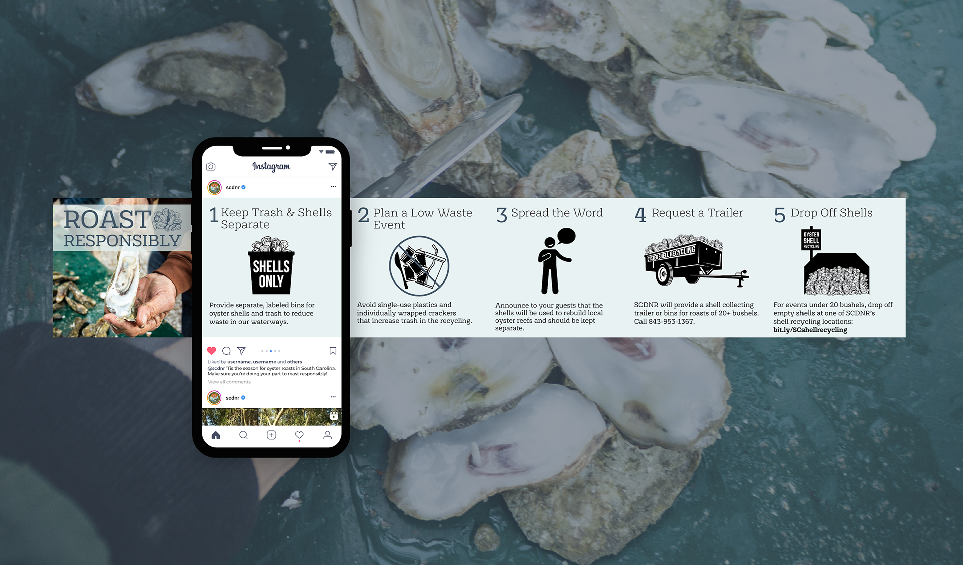 A social media carousel sharing the steps to hosting a responsible oyster roast
