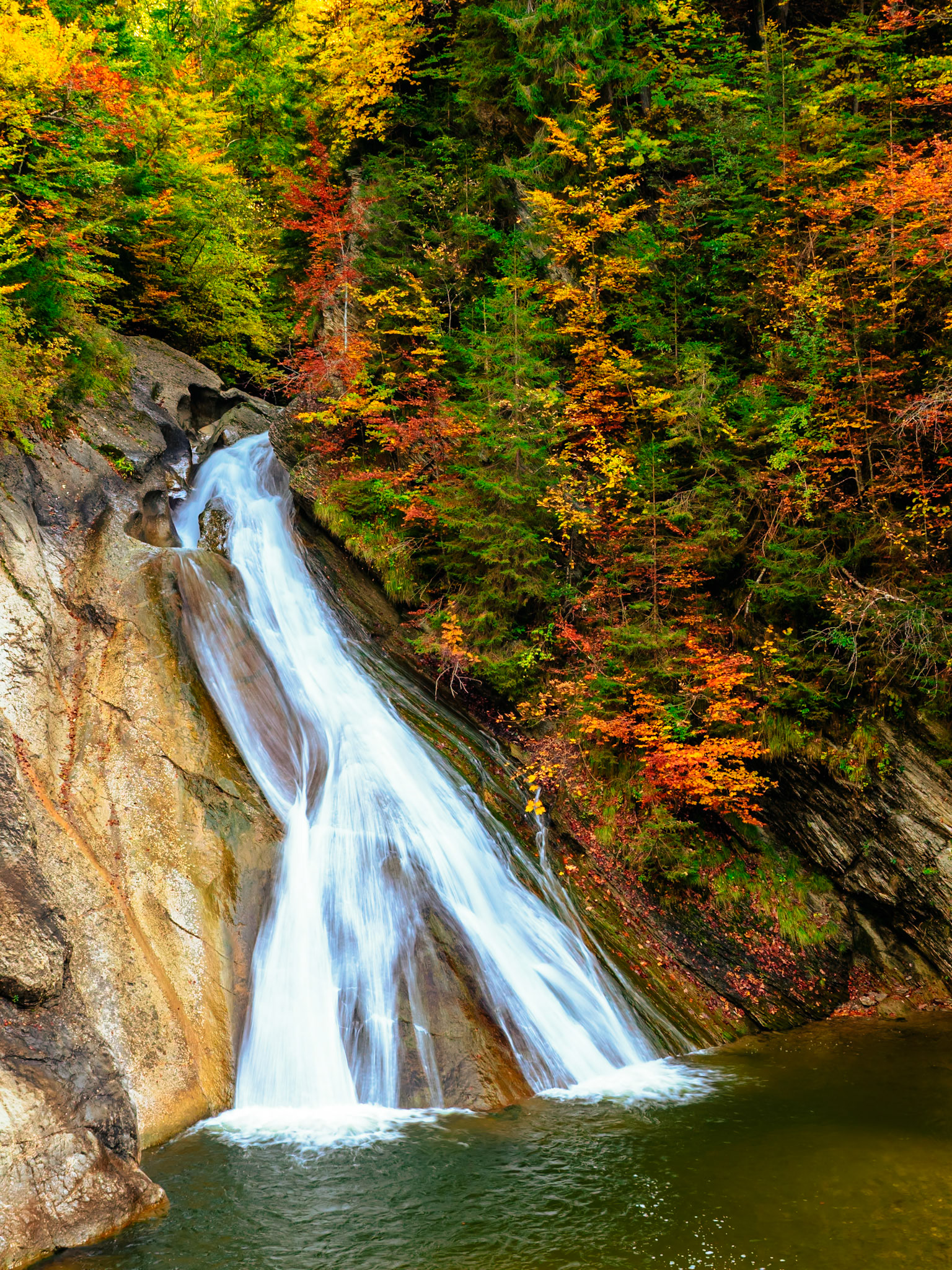 Ein Wasserfall stürzt in ein Becken mit grünem Wasser. Die Felswände sind von Herbstlaub in verschiedenen Farben (rot, orange, gelb) umgeben. Das Bild ist scharf, mit einem Fokus auf den Wasserfall und die umliegende Natur.