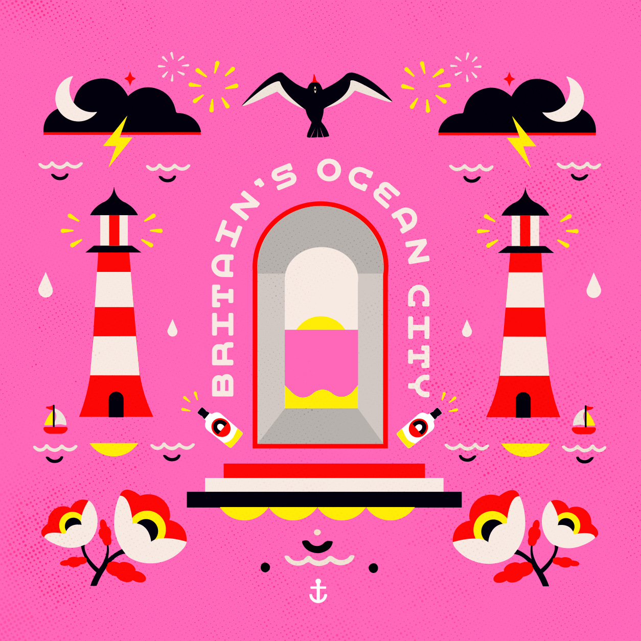 Serena June Creatives Bright pink background with text saying Britains Ocean City with flowers and lighthouses and seagulls