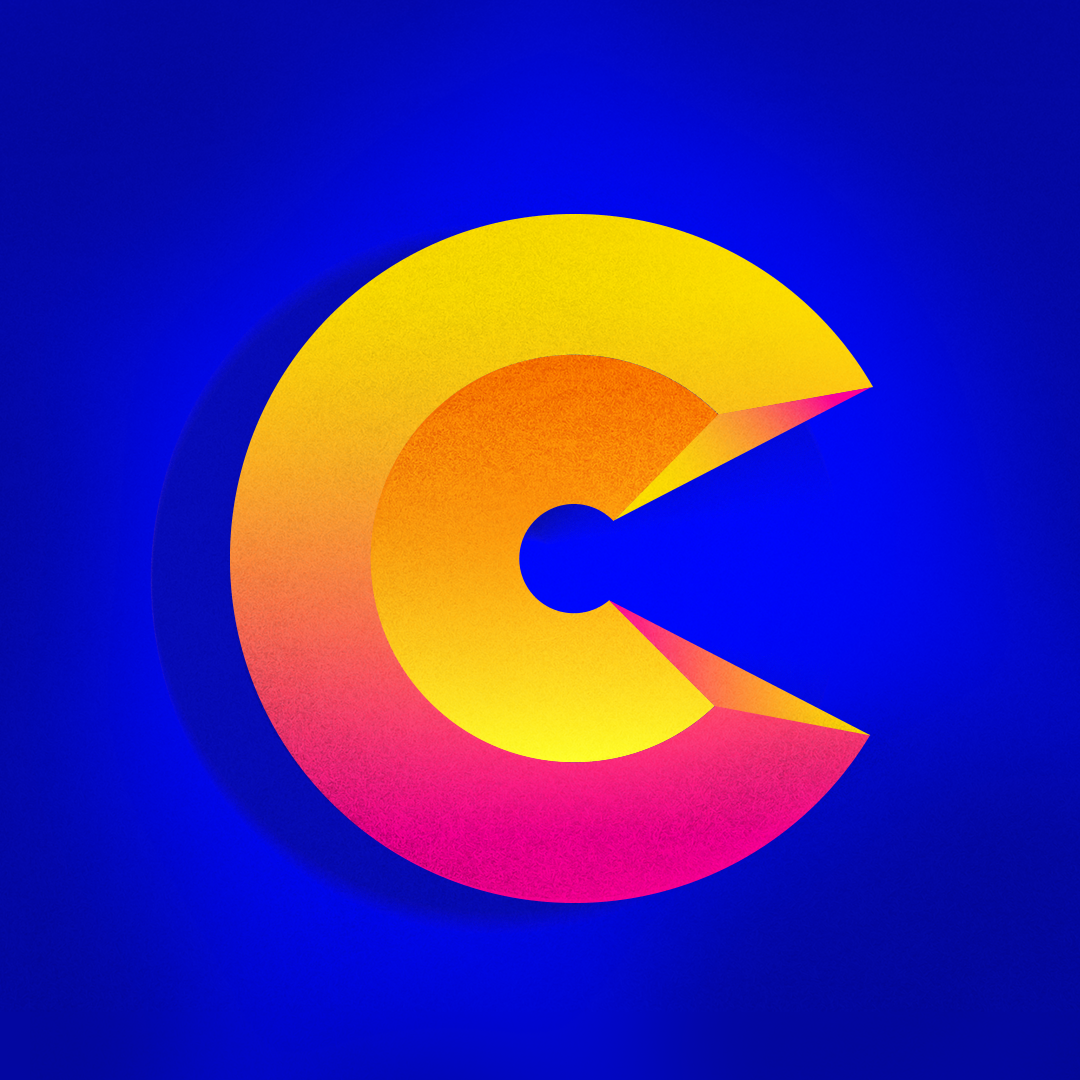 Serena June Creative Blue background with a letter C in bright yellow and pink hues