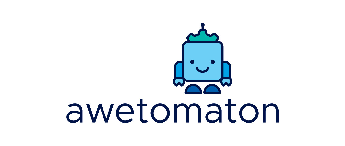 Awetomaton logo design. A cute, smiling robot in blue tones, on top of the word "awetomaton".