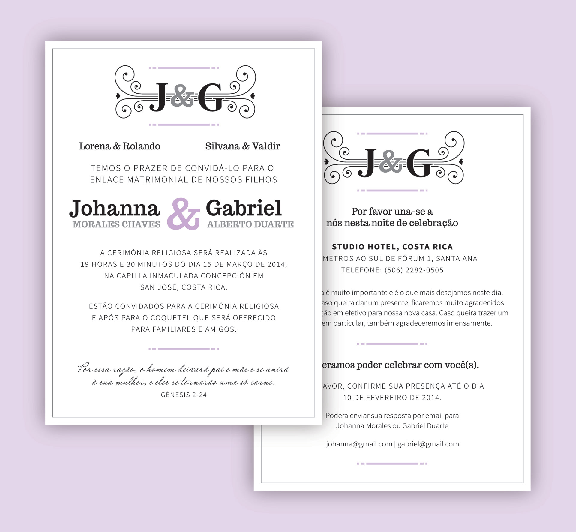 Wedding invitation design front and back, in Portuguese.