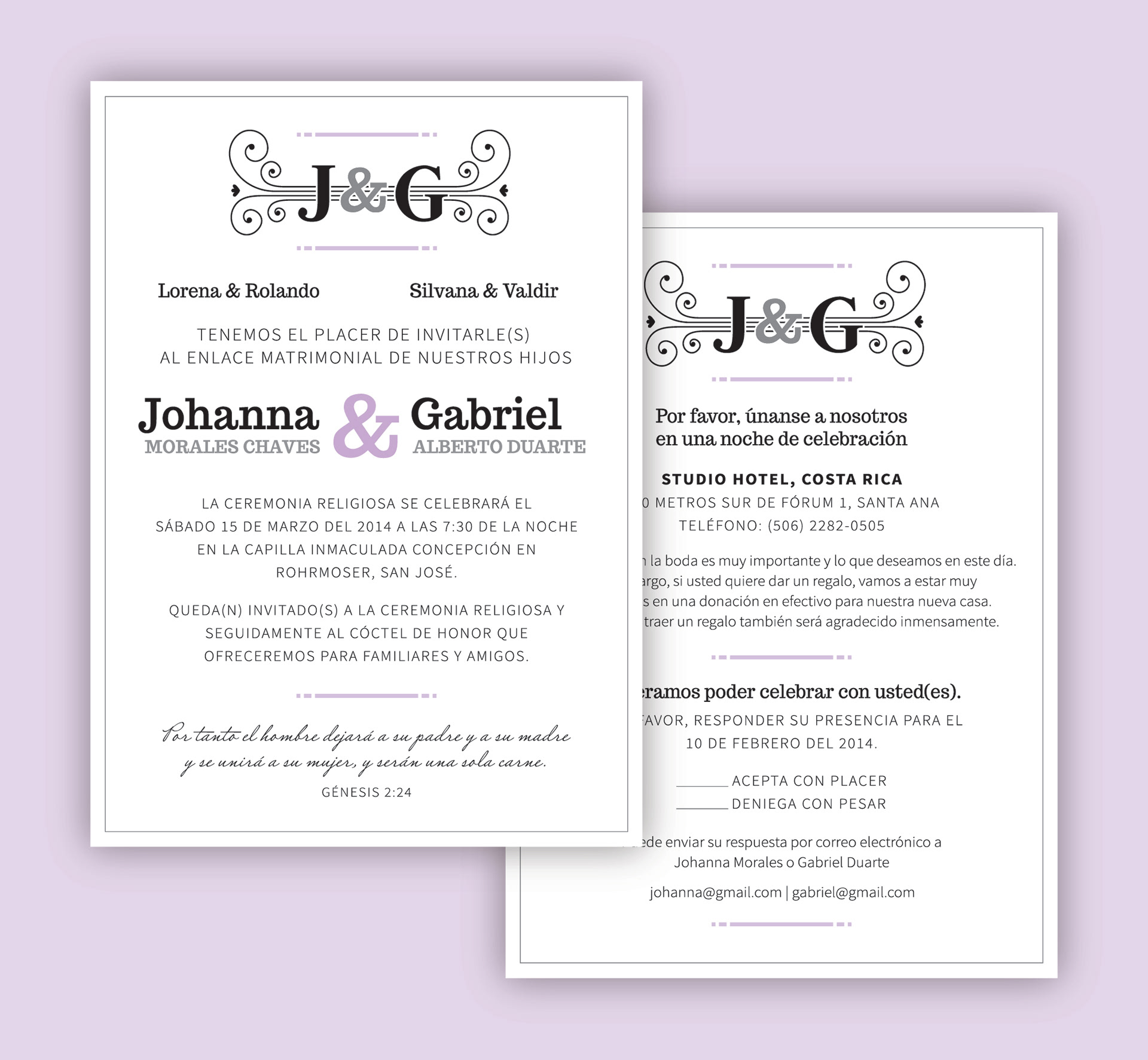 Wedding invitation design front and back, in Spanish.