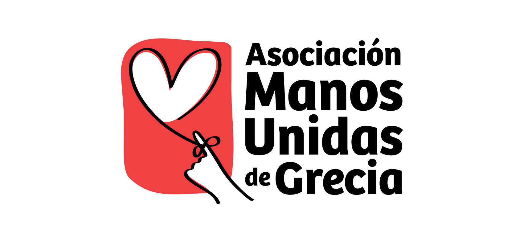 Logo Design features on the left a red background with a white heart and a white hand with black traces; and the NGO name on the right - Asociacion Manos Unidas de Grecia