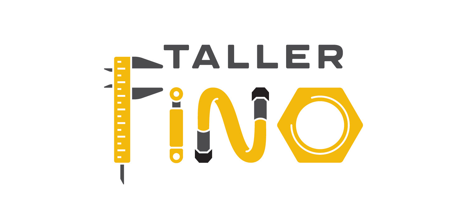 Taller Fino logo. Each of the "Fino" letters is made of a tool: vernier caliper, hydraulic piston, hose and a nut, in yellow colors with dark gray and black accents.