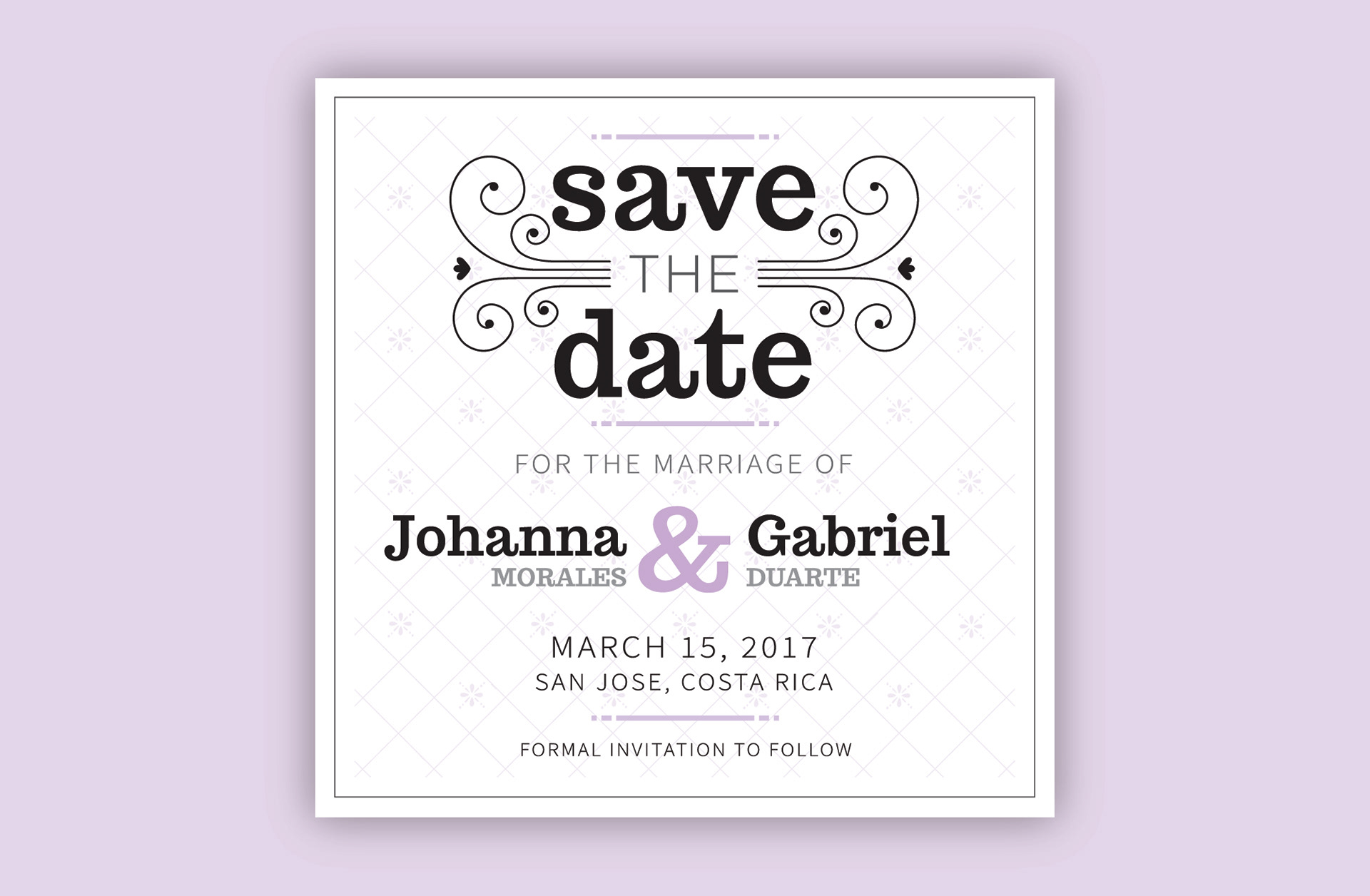 Save the Date card design, white background with black texts, with some lilac details.