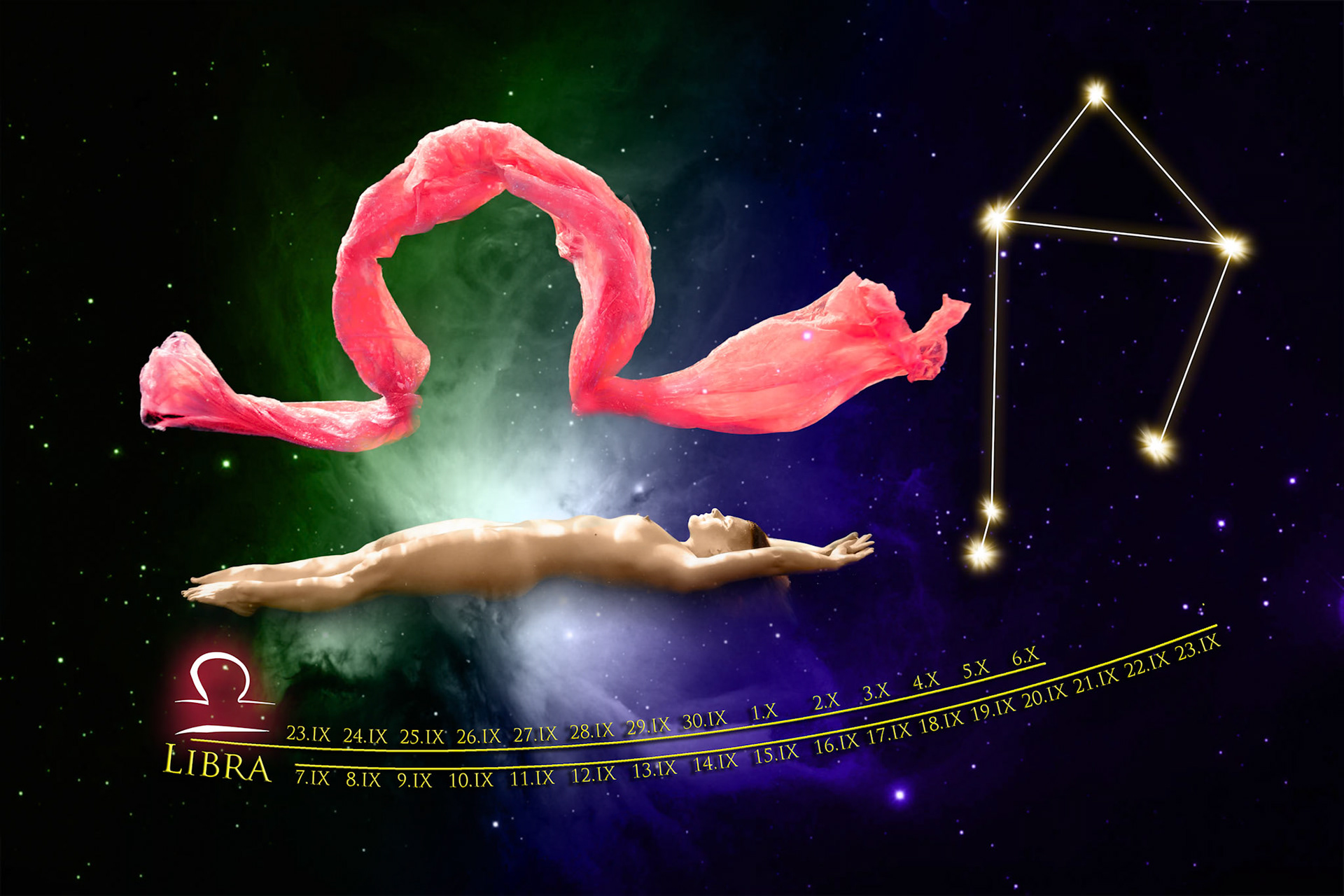 Symetrie těla a látky v podzimních tónech symbolizuje harmonii, krásu a vyváženost.