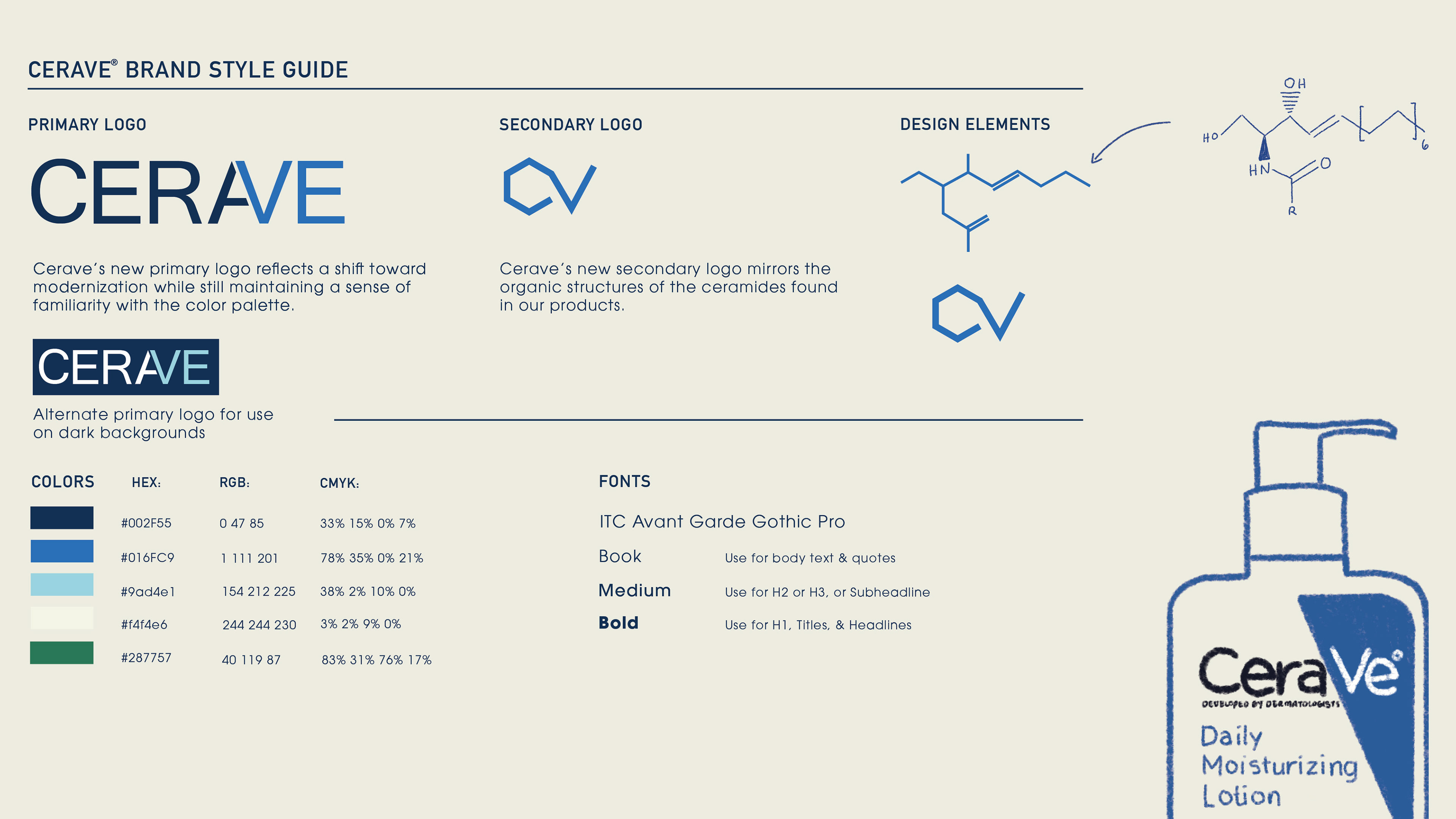 Ceramides are a part of not only the CeraVe name but also their products, so I simplified its structure and used it as a design element. This would replace the triangle at the corner of some of their packaging