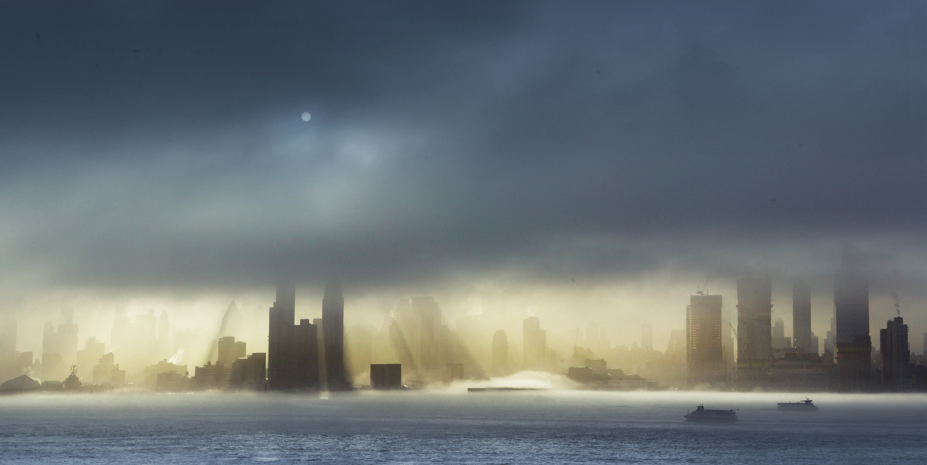 Midtown Manhattan Panorama under fog with Sun and Moon. Color Image# NYC 06