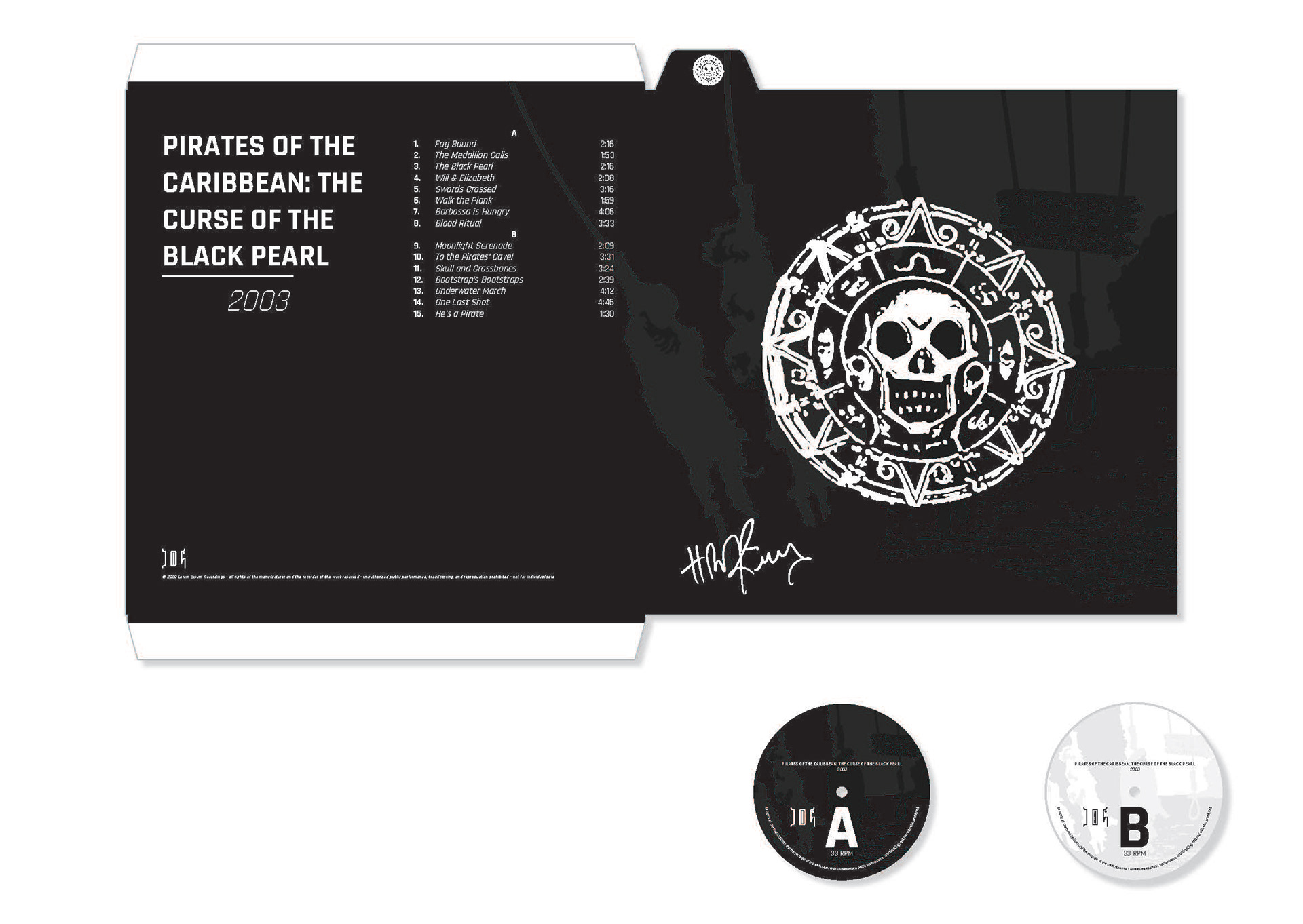"The Pirates of the Caribbean Original Soundtrack" vinyl sleeve artwork with vinyl record "side A" and "side B" labels