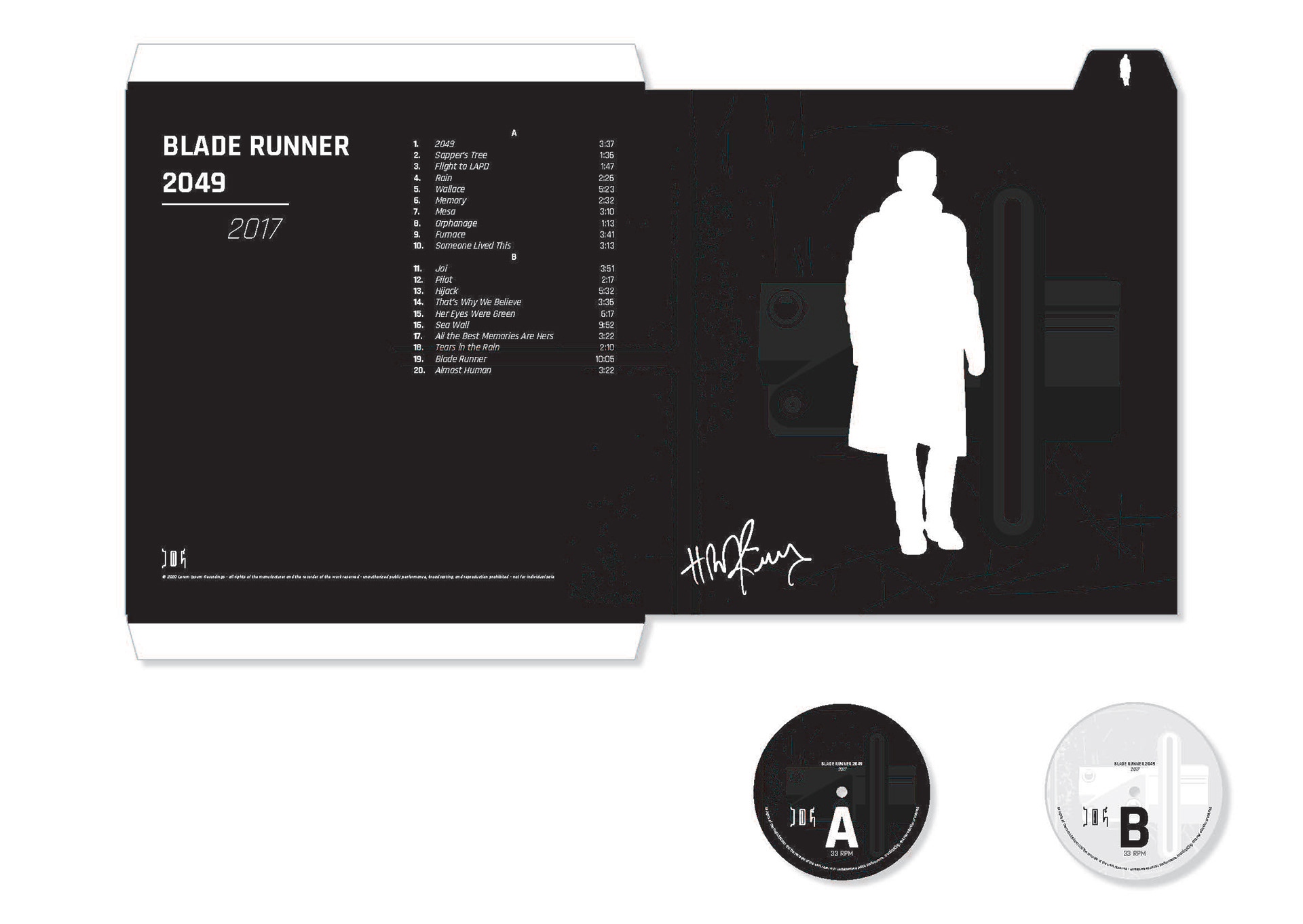 "Blade Runner 2049 Original Soundtrack" vinyl sleeve artwork with vinyl record "side A" and "side B" labels