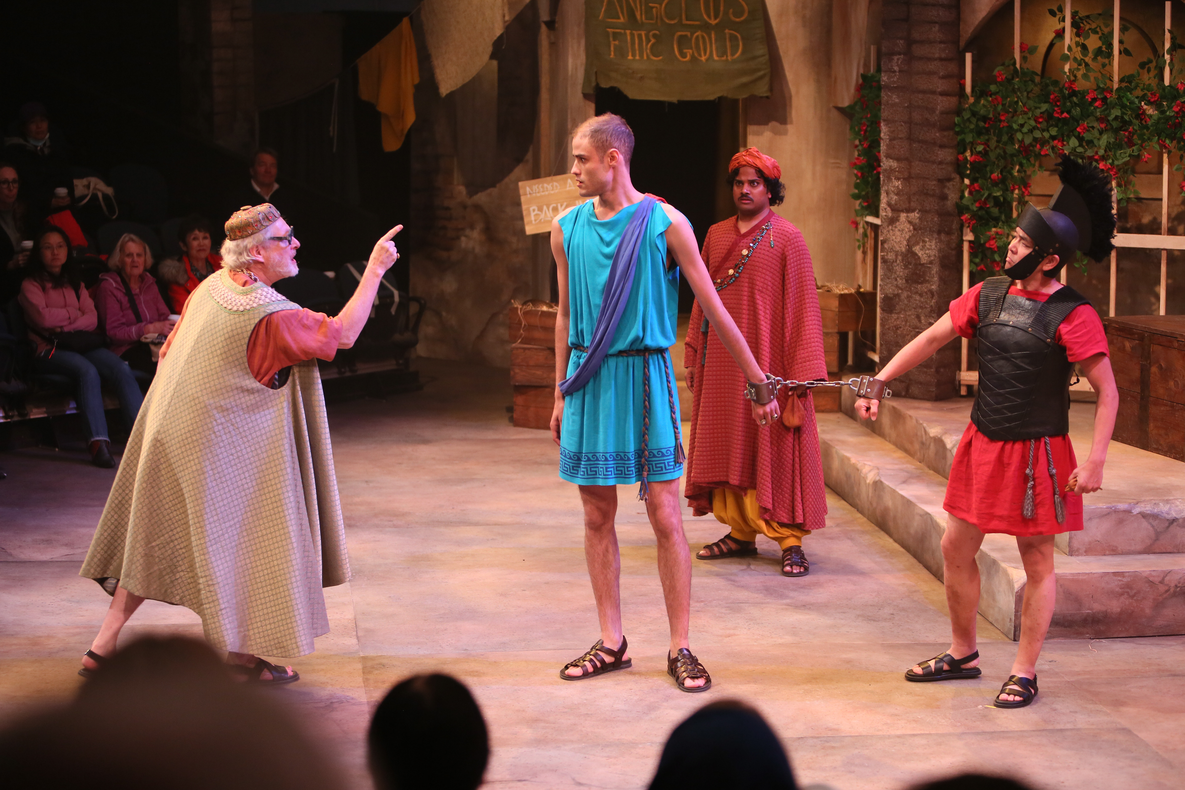 Left to right: Egeon (by Scott Bellis), Antipholus of Syracuse (by Jeremy Lewis), 2nd Marchant (Karthik Kadam), Jailer (by Raugi Yu)