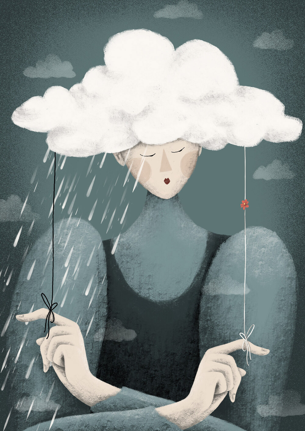 Detailed view of the 'Moody Mandy' illustration by Darka Krizman, depicting a melancholic character with a cloud and raindrops, symbolizing mood, introspection and choice ideal as a unique art print or gift for a friend
