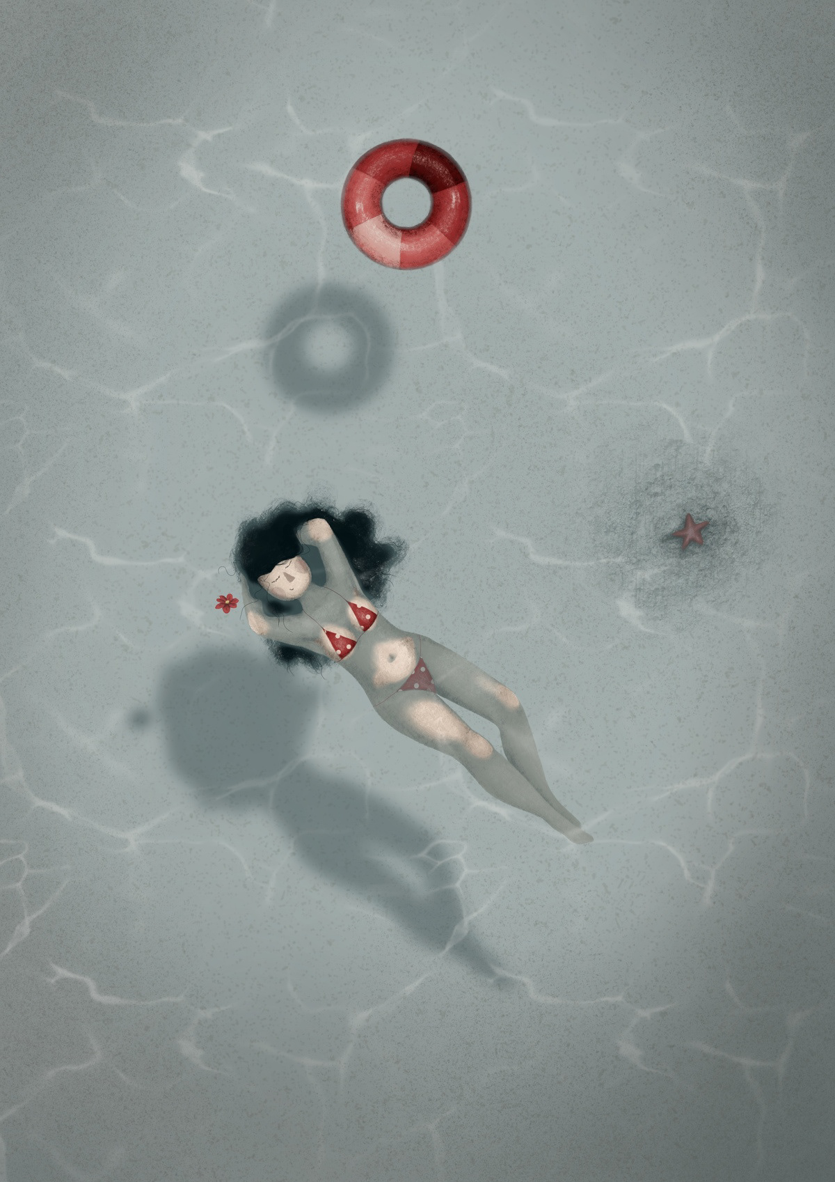 Digital illustration by Darka White Art depicting a woman floating peacefully on her back in a calm, clear pool. She wears a red bikini and there is a red flower next to the woman. A life preserver floats nearby, and a starfish is visible on the pool floor. The image captures a serene moment of relaxation and tranquility.