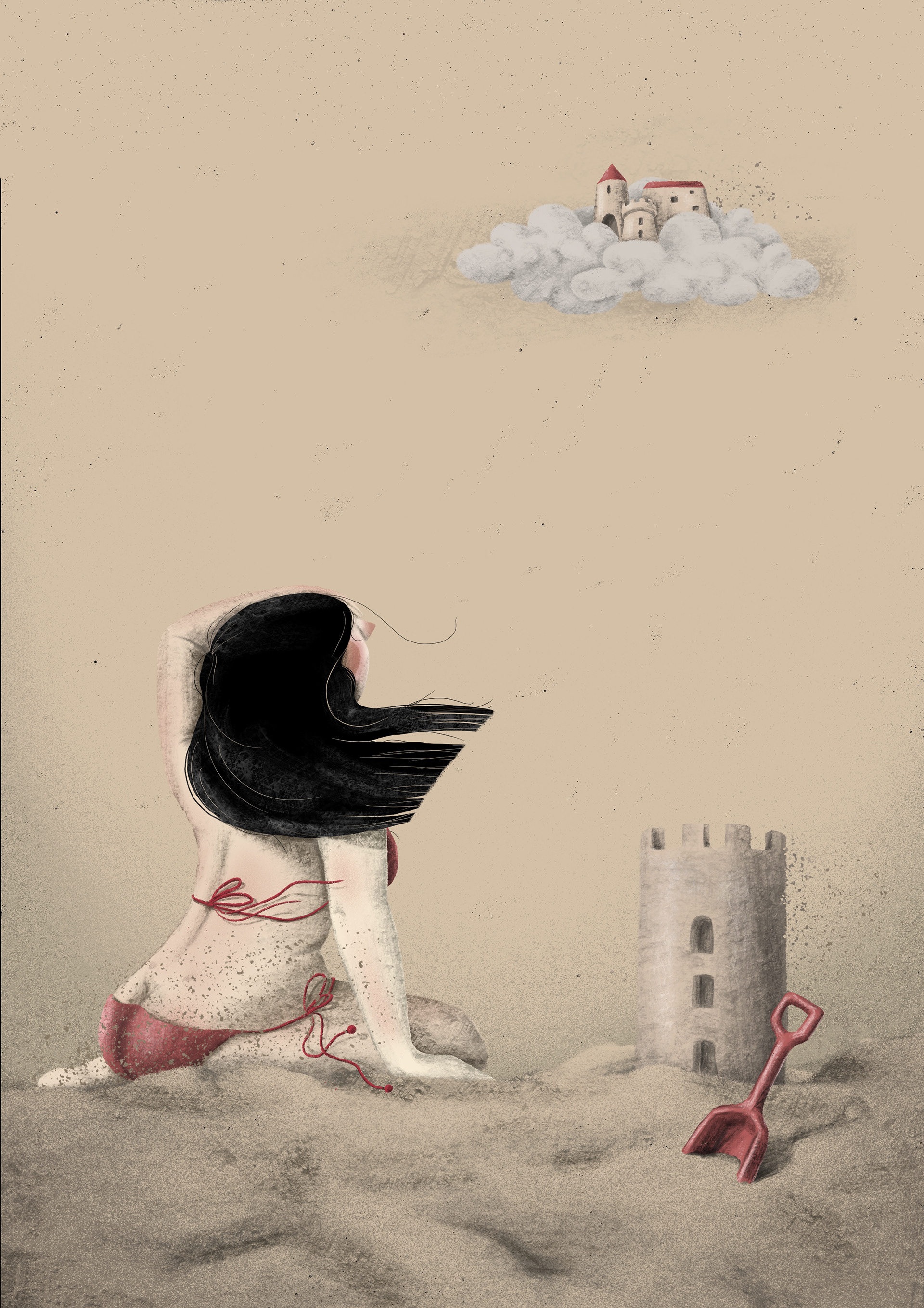 An illustration of a girl sitting in the sand on the beach building a castle and watching an imaginary  castle in the clouds_illustration by Darka White