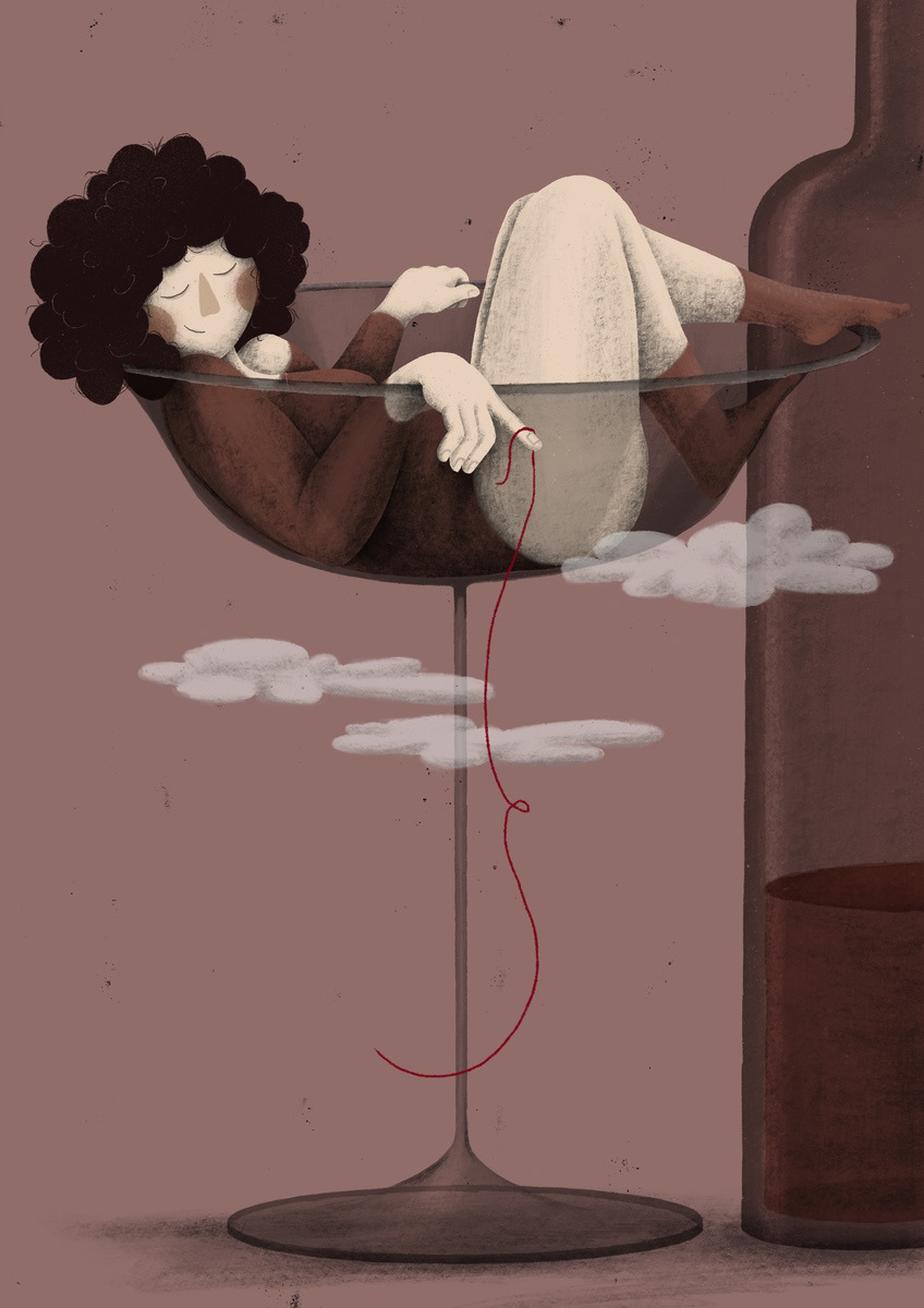 Darka White's 'No Strings Attached' illustration, featuring a curly-haired woman resting in a large wine glass with a red thread in her hand, set against a muted pink background.