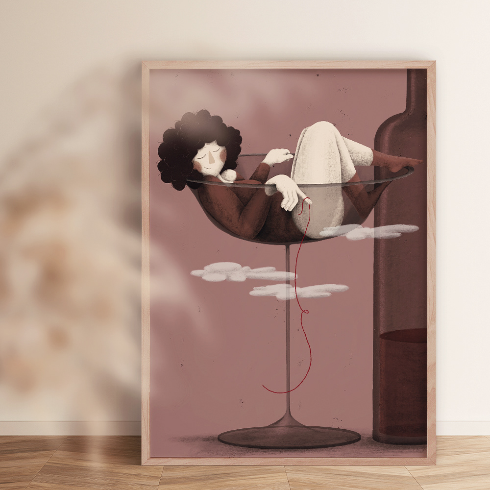 An illustration by Darka White features a woman with black curly hair relaxing inside a large wine glass, showcased in a minimalist wooden frame.