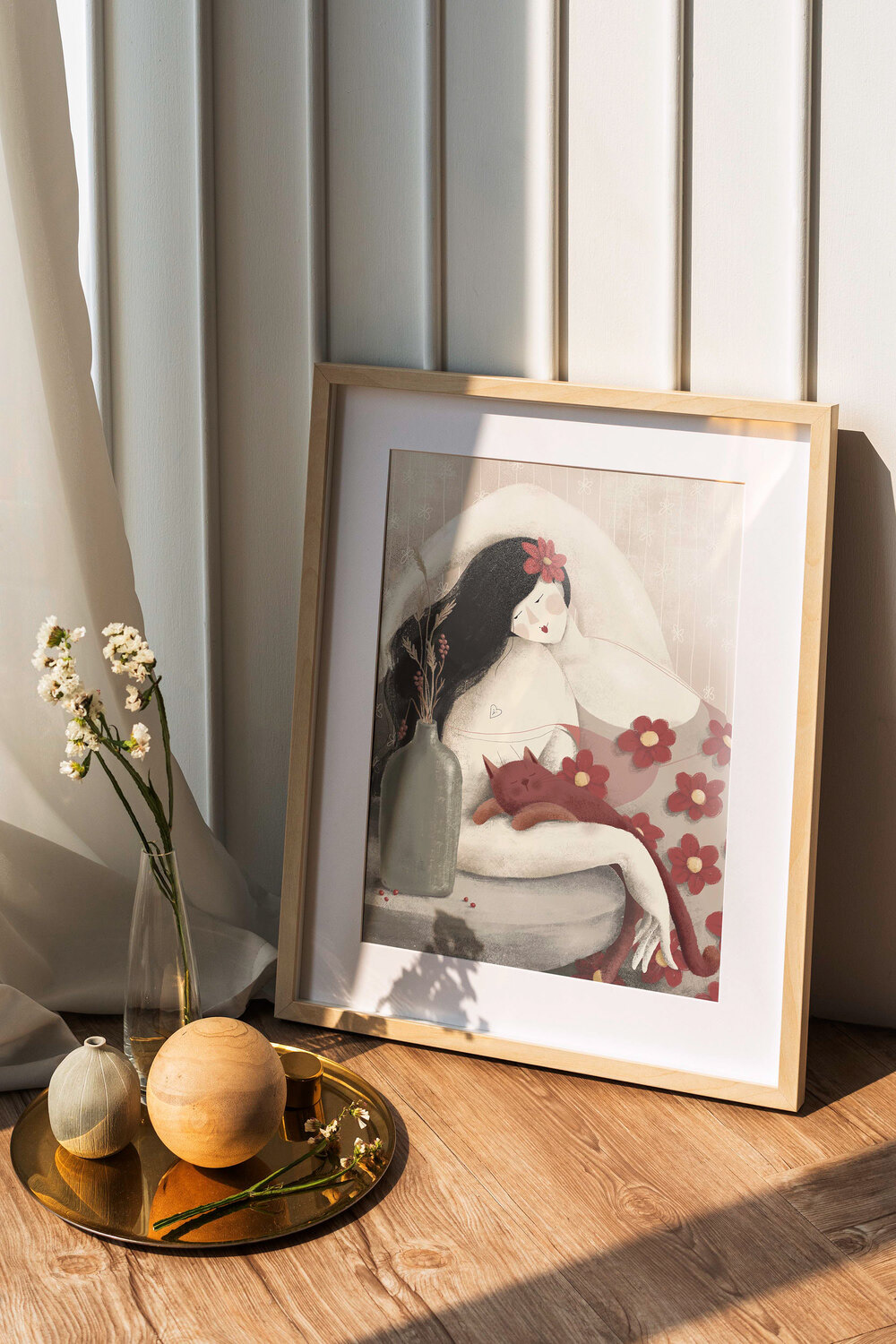 Framed art print 'Rita is Having a Blast' by Darka White Art, showcasing a serene woman and her cat in soft natural light, perfect as a personalized illustration gift or unique home decor piece.