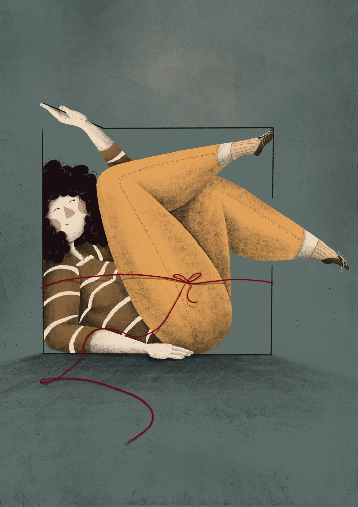 Digital illustration by Darka White of a woman in yellow pants and striped shirt tied with a red string, symbolizing constraints and freedom - Modern artistic illustration style.