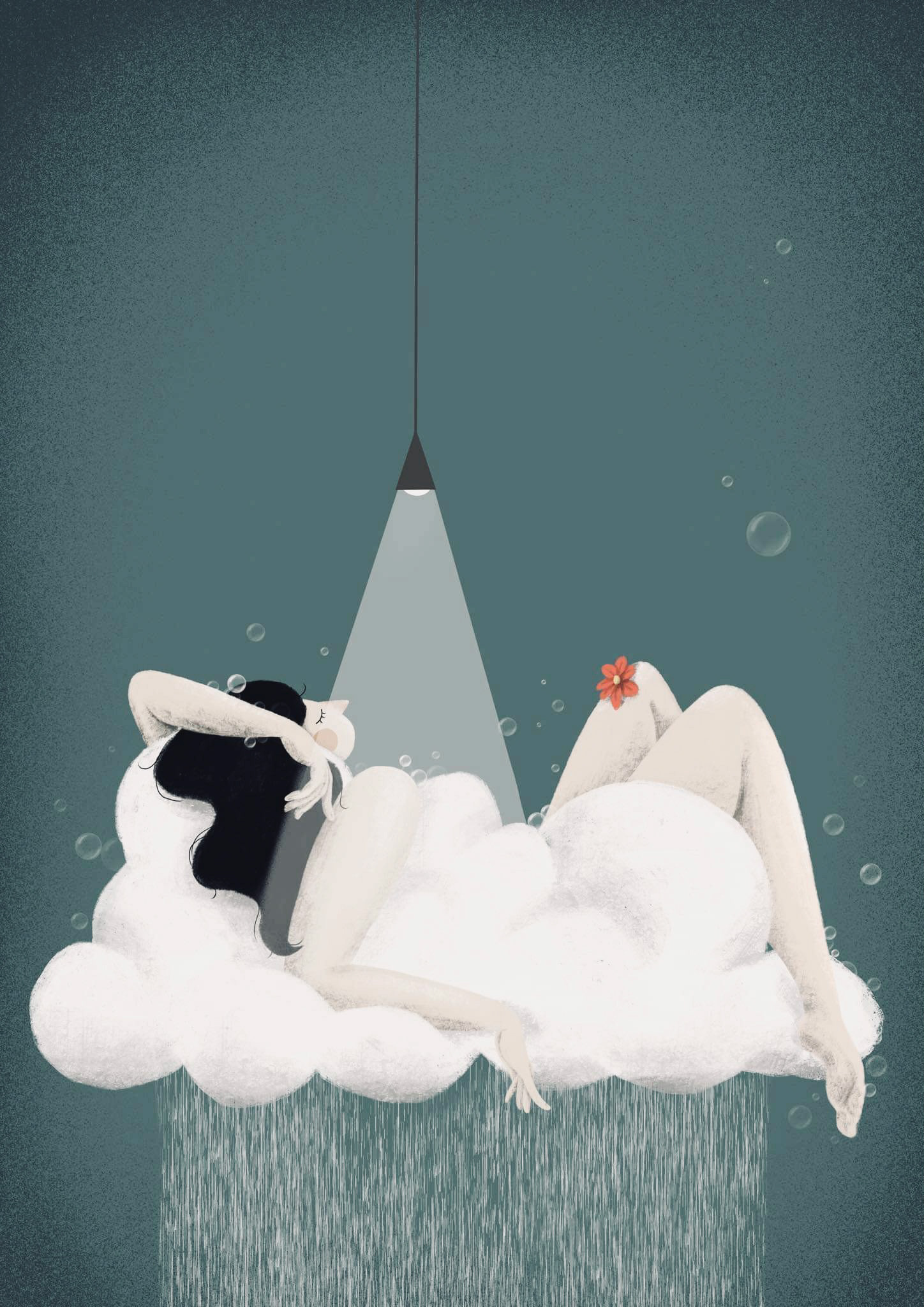 Recharge Marghe' illustration by Darka White Art, depicting a tranquil woman resting on a soft cloud with a flower in her hair under a spotlight – a calming and meditative piece for mindful spaces
