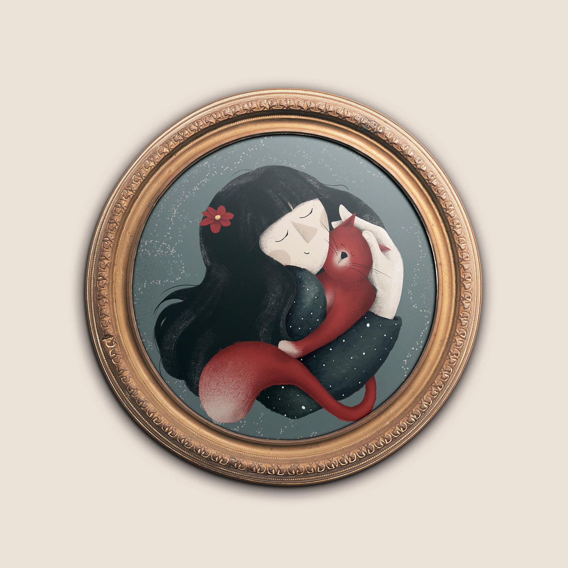 Art print of 'Hug Me Marry' by Darka White Art, showing a girl holding a red cat against a star-speckled background. Perfect for art lovers seeking unique custom prints and thoughtful, cat-themed illustrations.