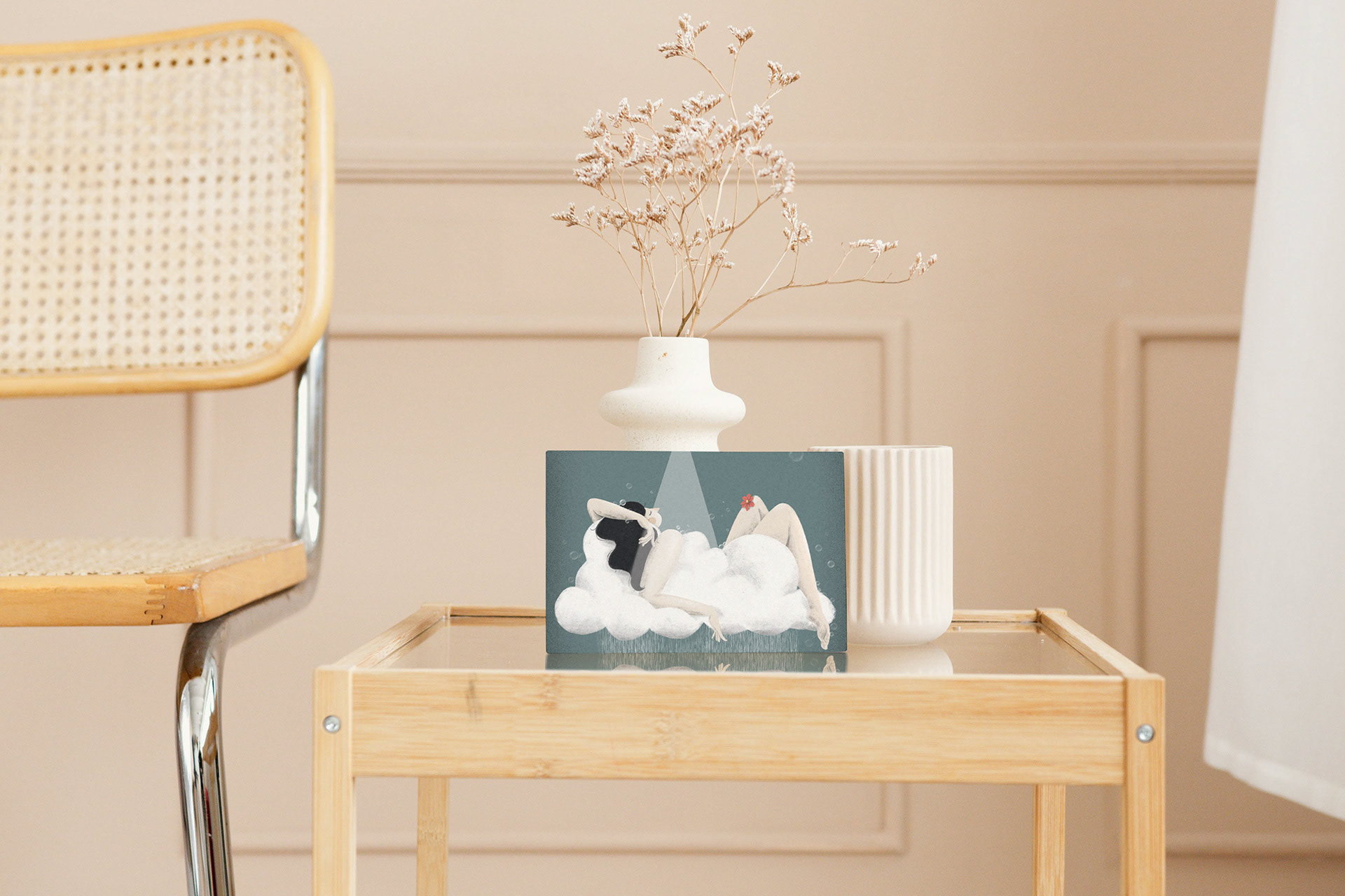 Recharge Marghe' illustration by Darka White Art, depicting a tranquil woman resting on a soft cloud with a flower in her hair under a spotlight – a calming and meditative piece for mindful spaces