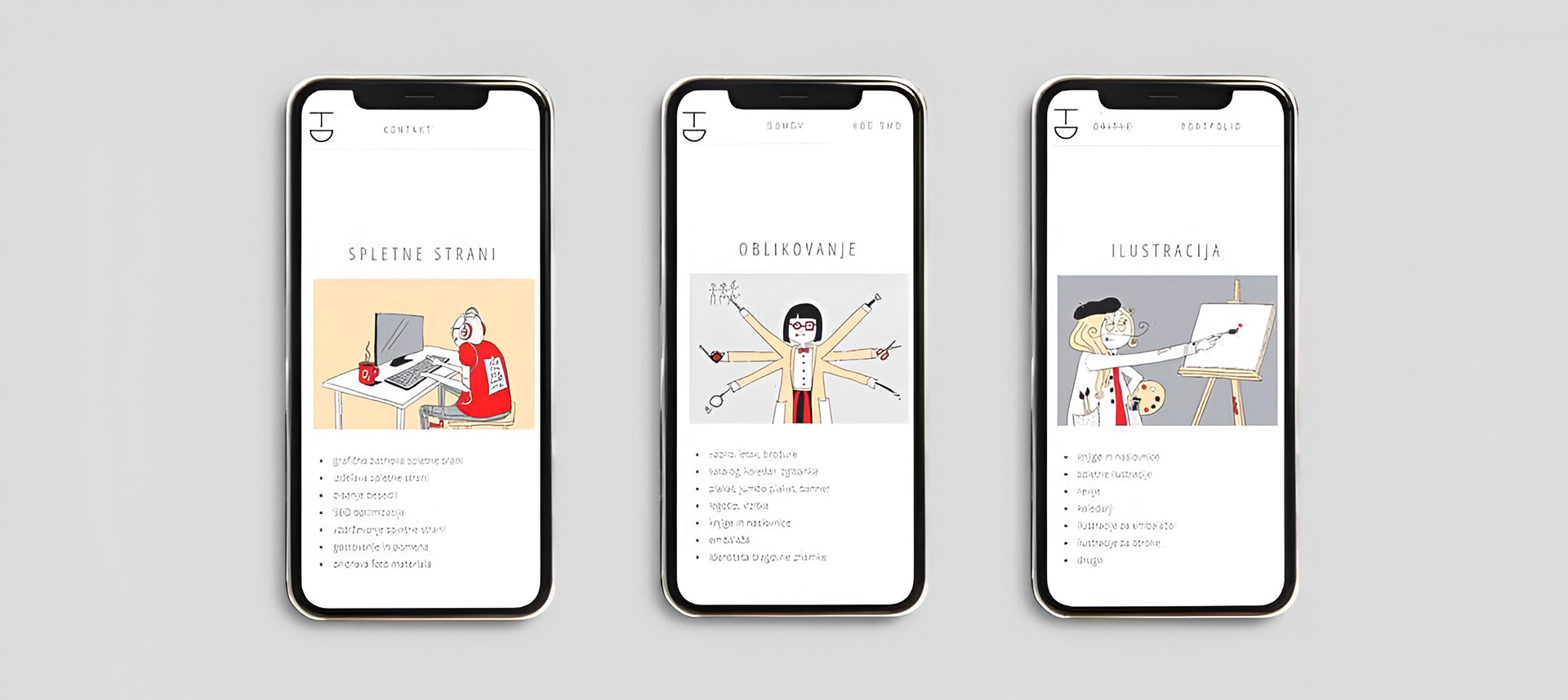 Website design for TADA Agency by graphic designer Darka White, featuring humorous and friendly staff illustrations on mobile screens, showcasing the agency's diverse services and creative abilities in photography and design.