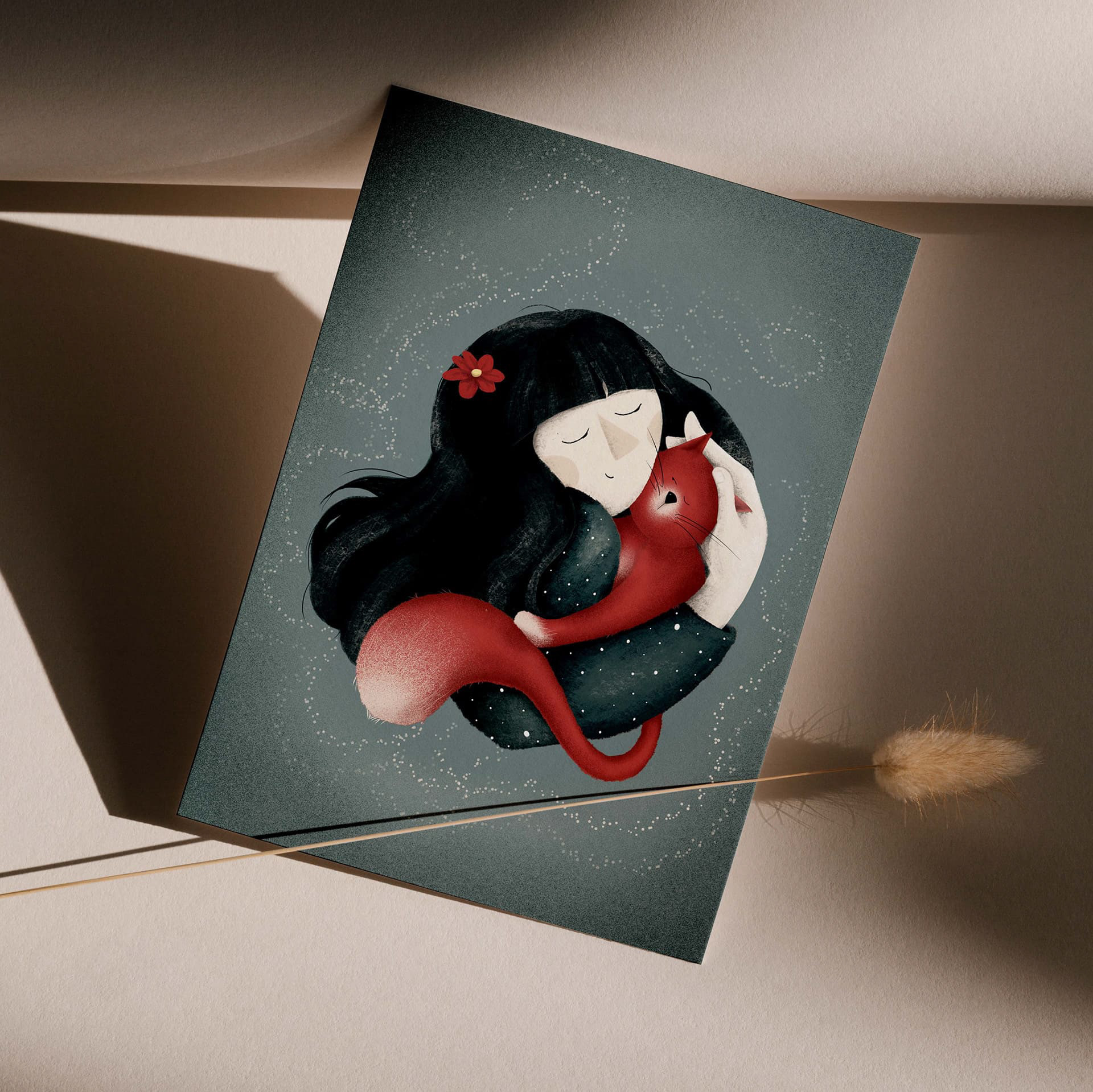 Art print of 'Hug Me Marry' by Darka White Art, depicting a girl holding a red cat against a star-speckled background. A thoughtful and expressive illustration for those who appreciate artistic gifts, custom prints and love cats.