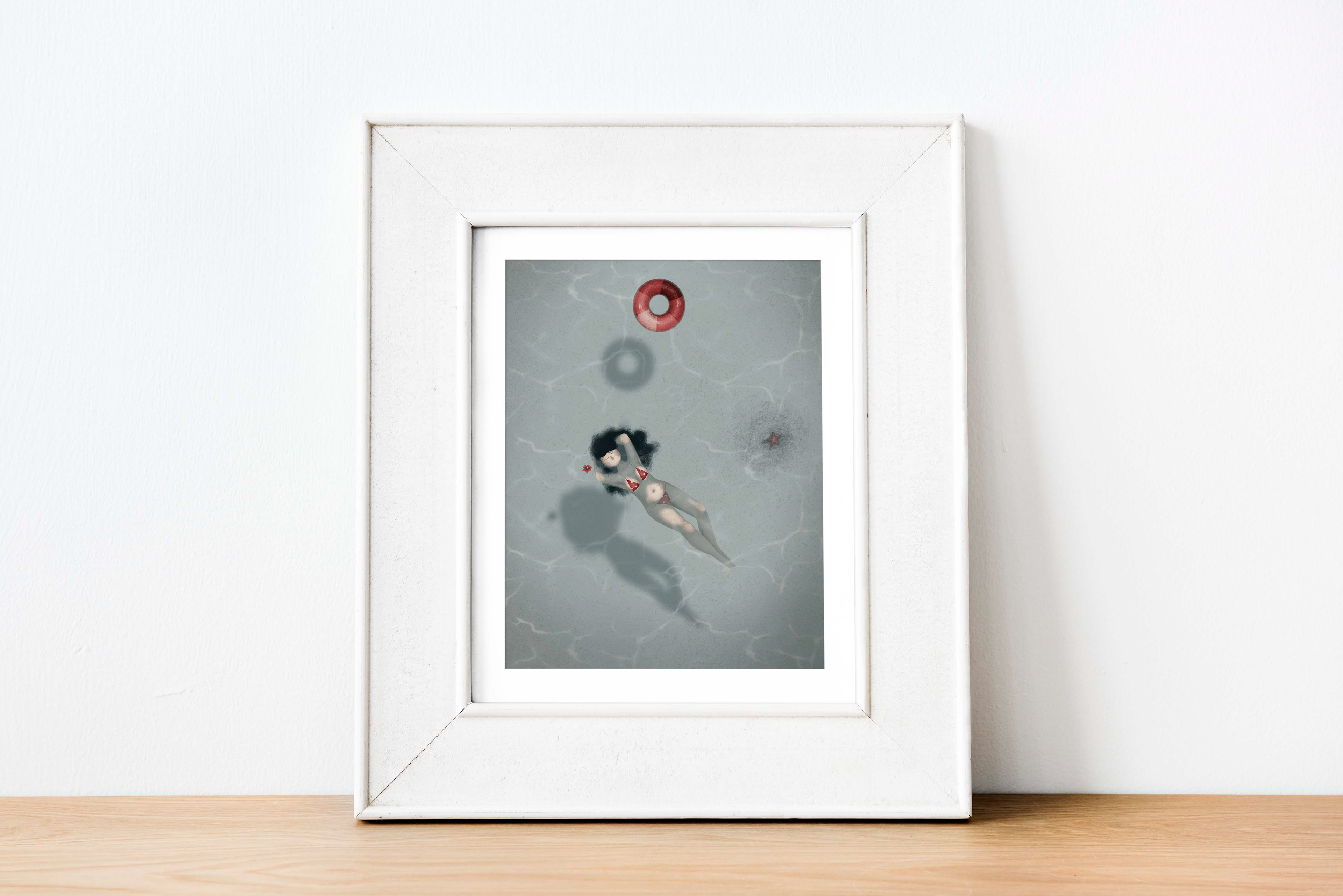 Framed digital illustration by Darka White Art showing a serene scene of a woman in a red bikini floating in a clear pool. The artwork captures tranquility with elements like a life preserver, a red flower, and a starfish, presented within a simple white frame against a light background.