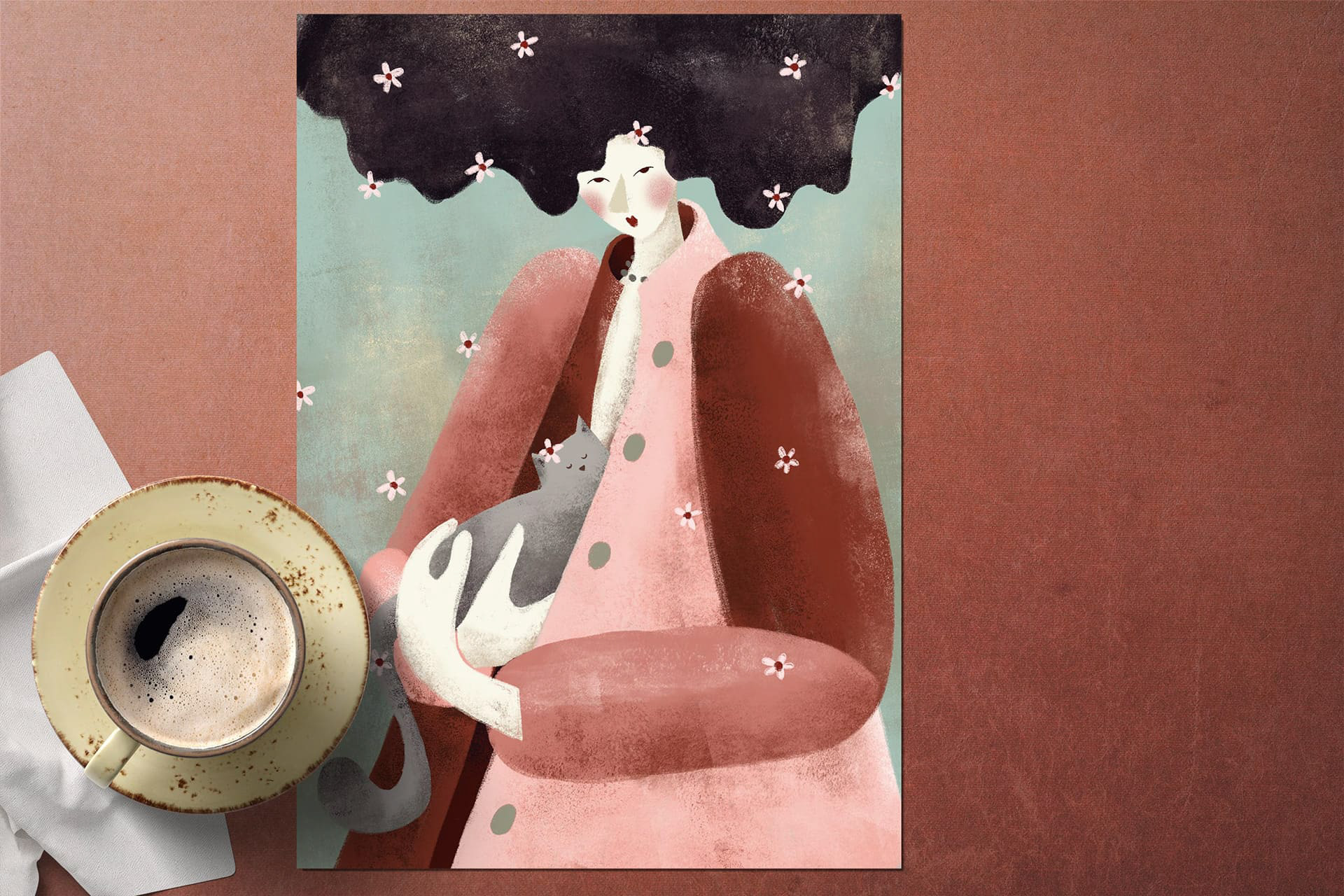 Art print of 'Betsy with Catsy' by Darka White, placed on a warm-toned table next to a cup of coffee, depicting a girl holding her cat, perfect for cat lovers and home decor.