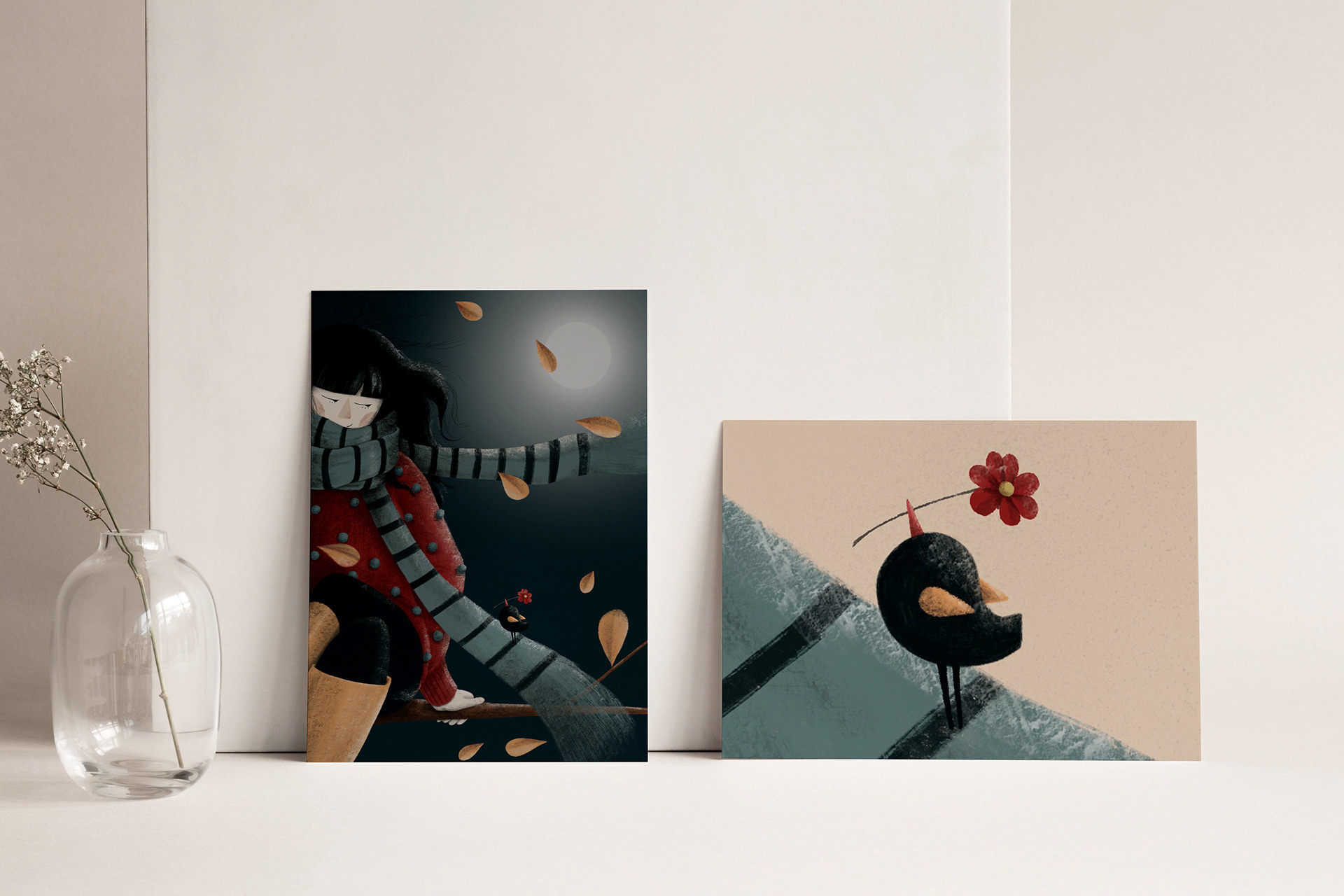 Art prints of 'You and Me, Valerie' by Darka White Art, featuring a close-up of a bird with a flower in its beak and a scene of a girl with a scarf in an autumn setting. Perfect for those seeking artistic gifts and illustrated wall art.