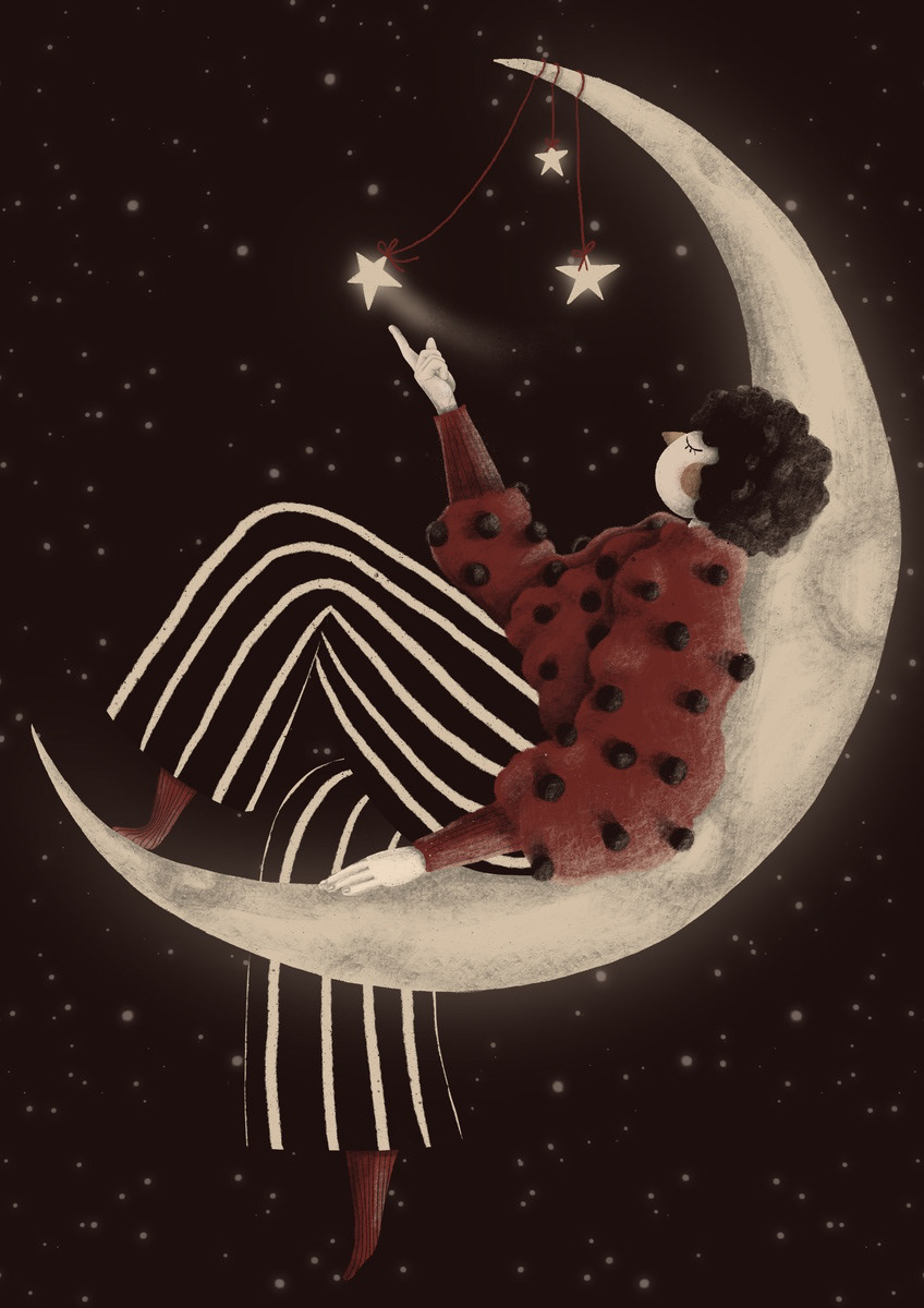 Whimsical illustration of a woman sitting on a crescent moon, wearing a red polka-dotted sweater and striped pants, reaching for glowing stars against a dark starry sky - illustration by Darka White