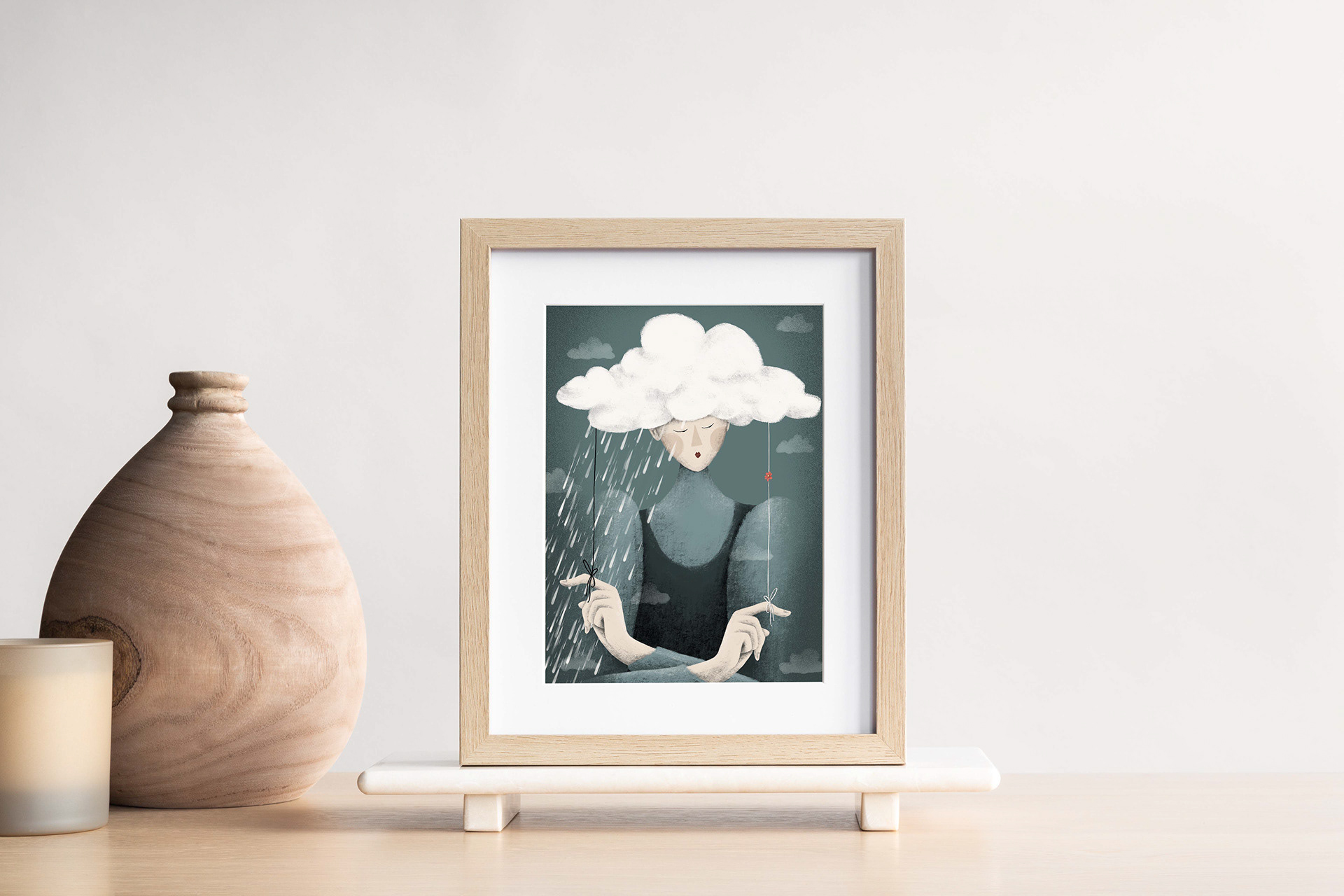 Small framed 'Moody Mandy' illustration by Darka White Art, showing a thoughtful figure with a rain cloud, perfect for artistic home decor and unique artistic gifts.